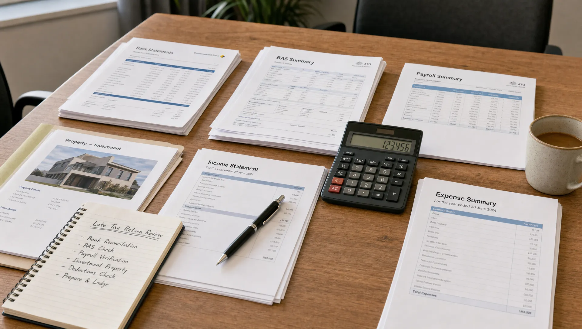 Organised Australian tax records spread across a meeting table, including bank statements, BAS summaries, payroll reports, property documents and a calculator, arranged for a structured late tax return review.