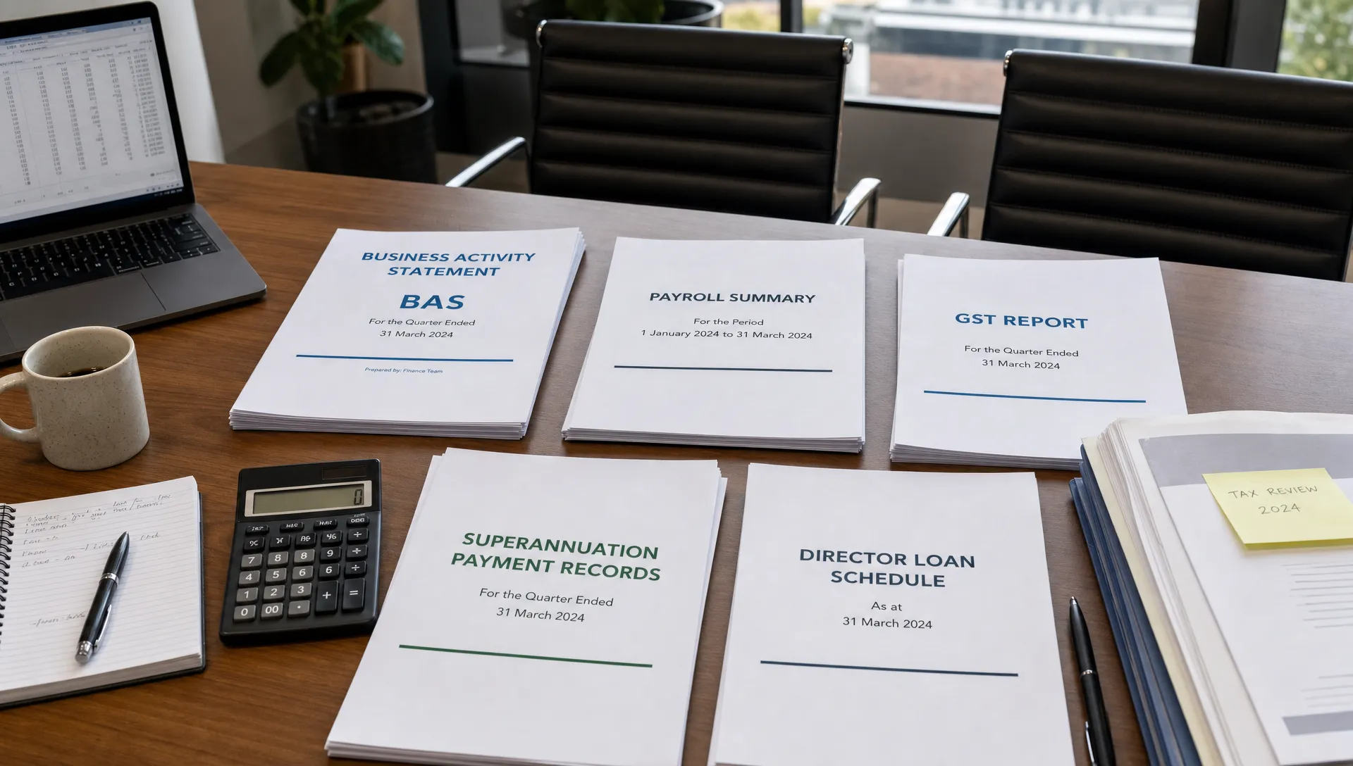 A boardroom table holds BAS statements, payroll summaries, GST reports, superannuation records and director loan schedules for an Australian tax review.