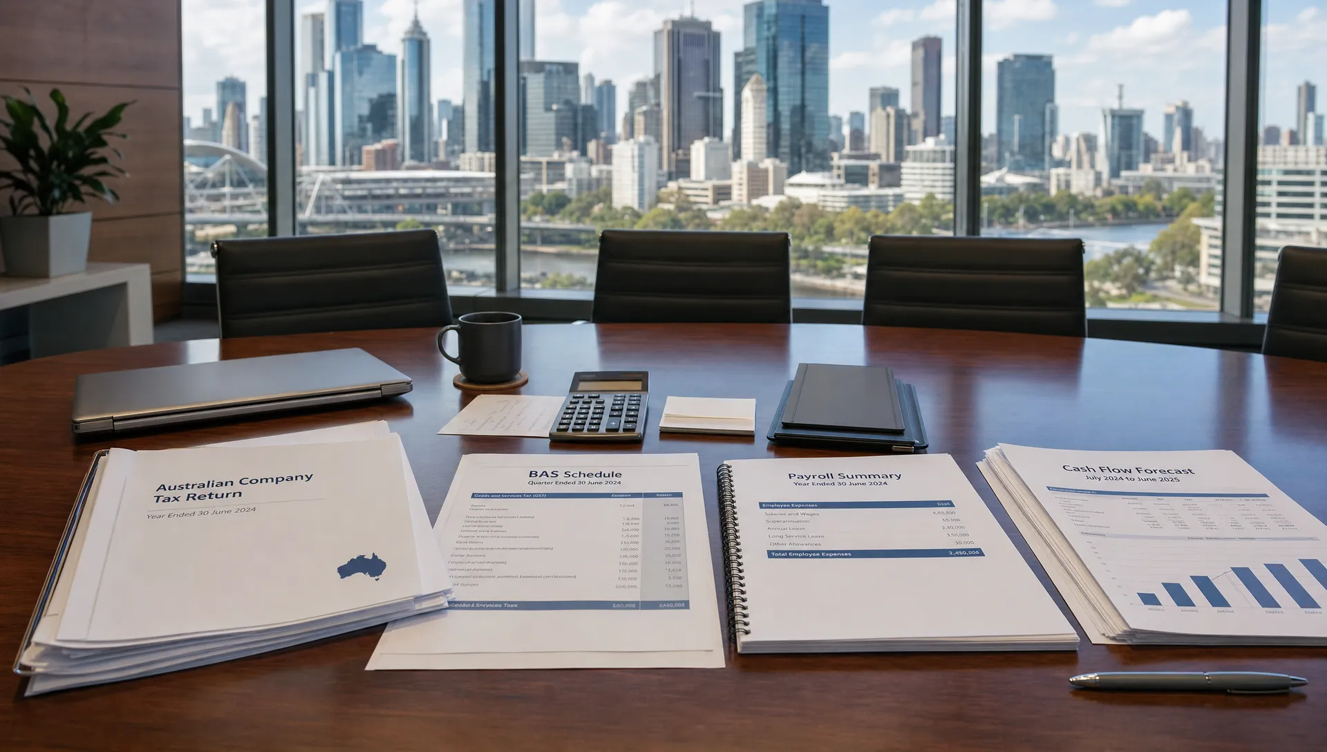 A boardroom table with organised Australian company tax reports, BAS schedules, payroll summaries and cash flow forecasts, with a city skyline visible through the window behind it.
