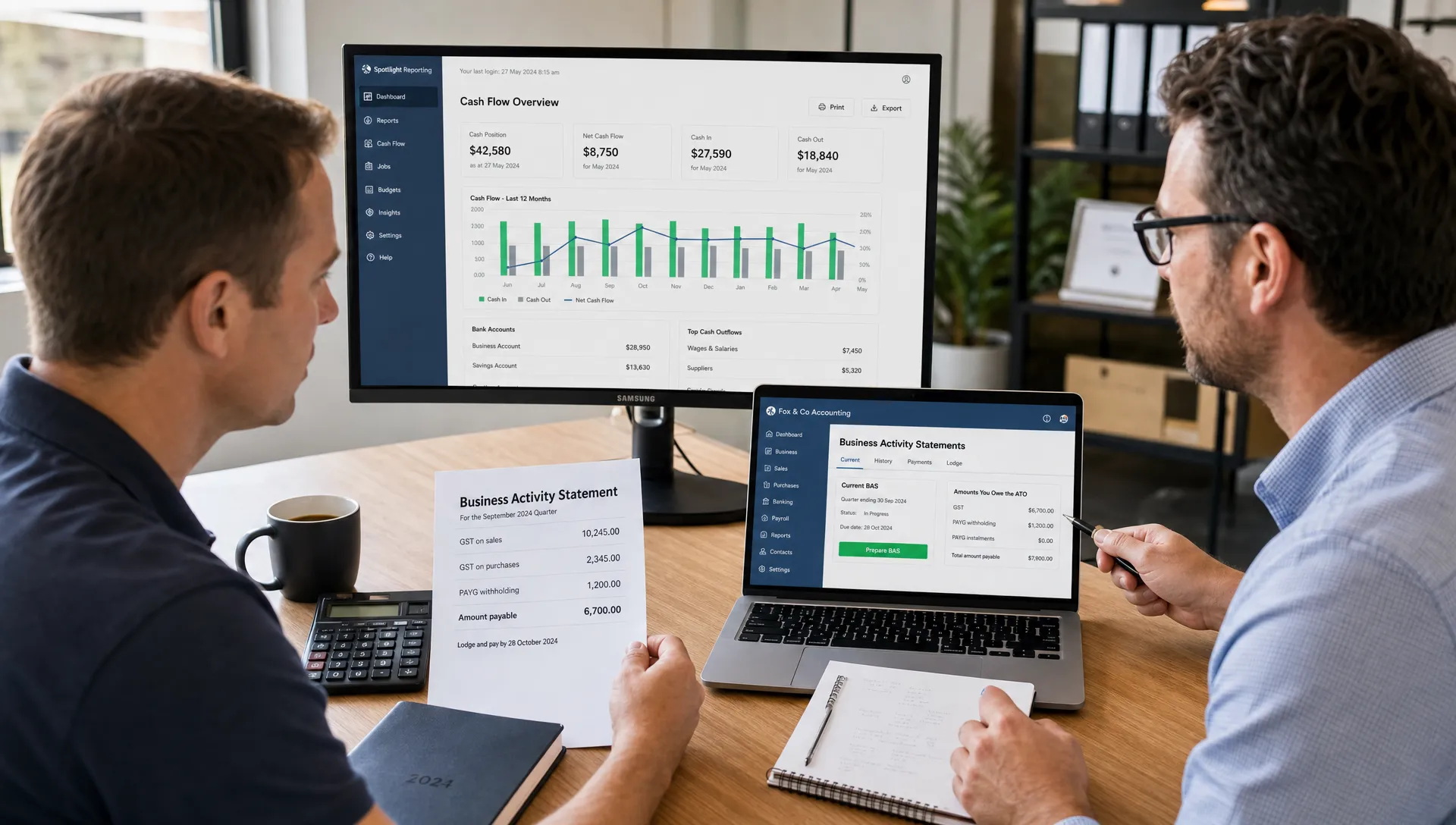 A business owner and accountant reviewing Australian tax reports, BAS figures and cash flow dashboards in a modern office, with secure cloud accounting data visible on screens facing the camera.