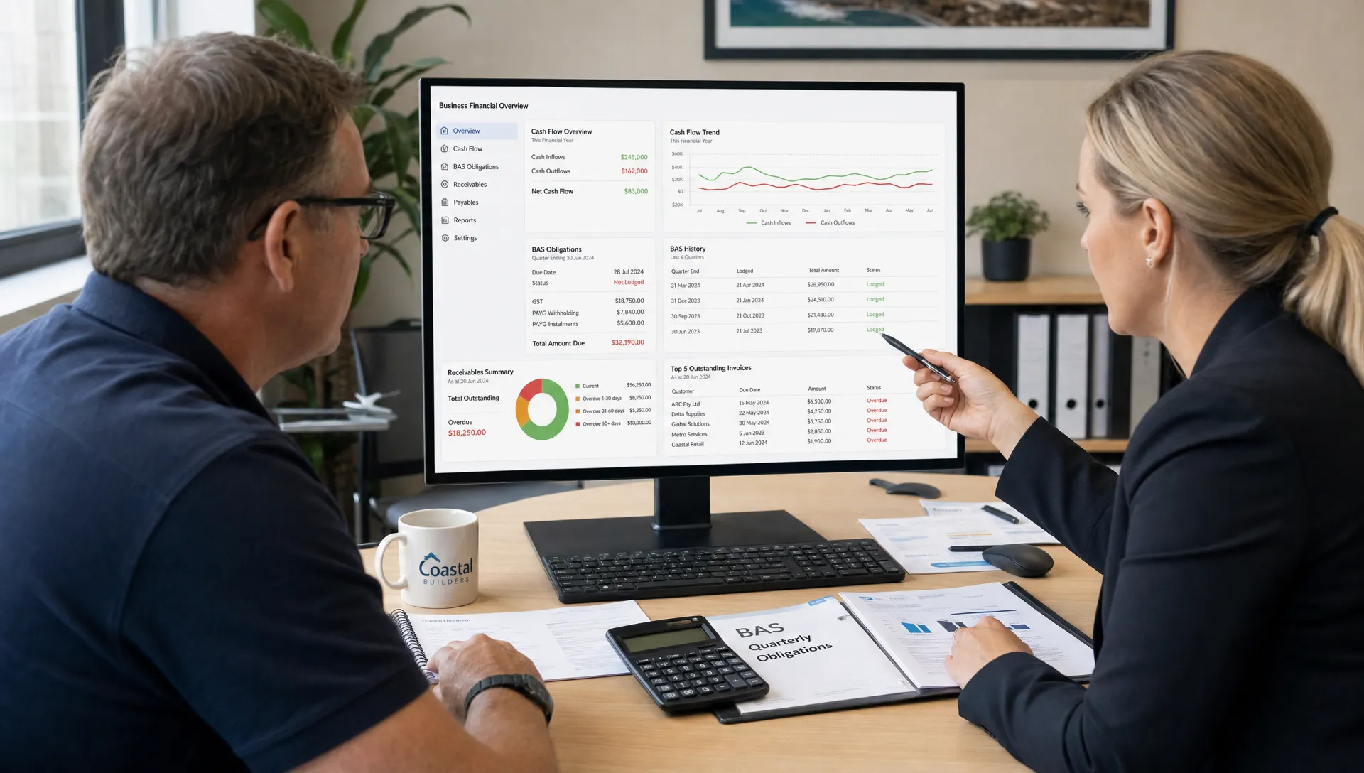 A business owner and accounting adviser reviewing cash flow reports, BAS obligations and receivables on a shared financial dashboard, with documents and a calculator on the desk.