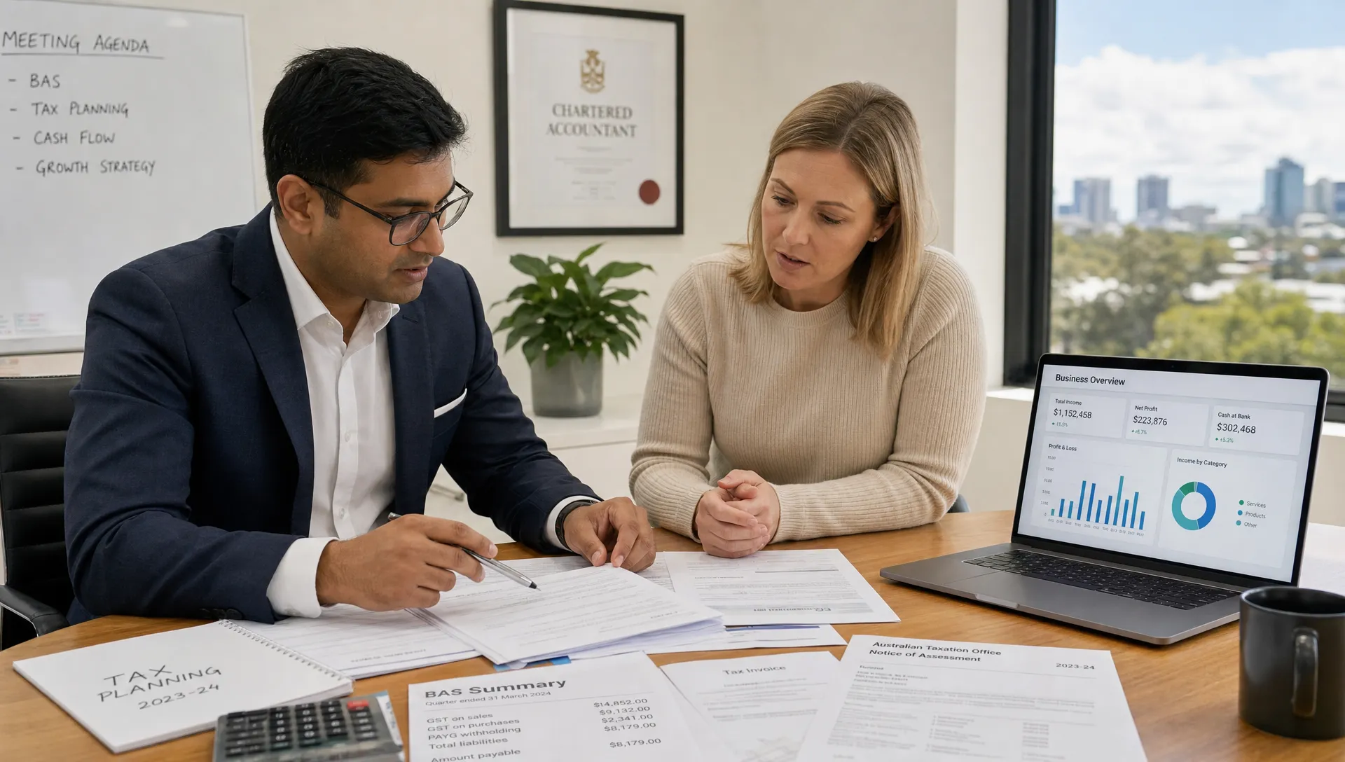 A Chartered Accountant and business owner review Australian tax documents, BAS summaries and a laptop dashboard at a meeting table.