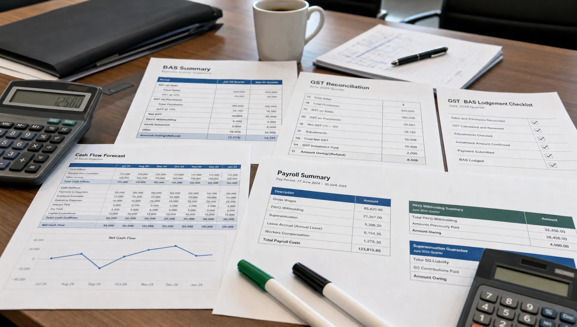 A close-up of printed cash flow forecasts, BAS summaries, GST schedules and payroll reports spread across a boardroom table, with calculators and markers arranged for a tax advisory discussion.