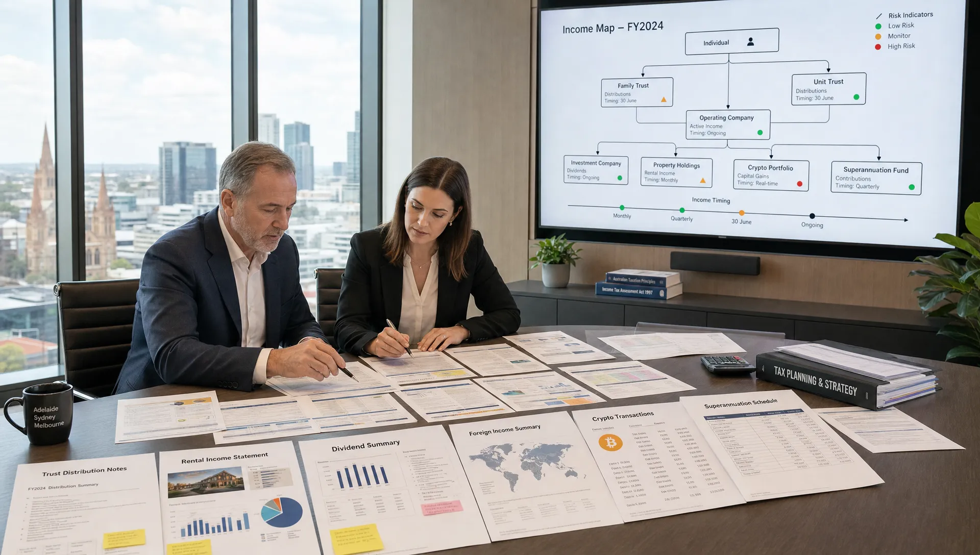 A company director and accountant review trust, rental, dividend and foreign income records on a boardroom table with an income map behind them.