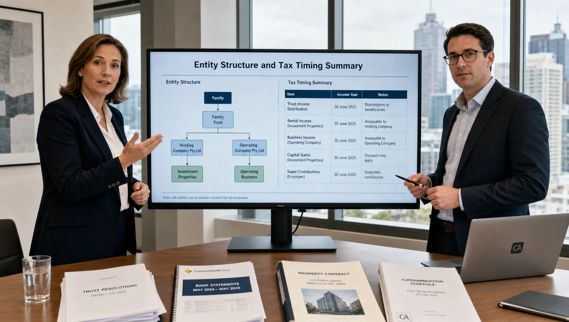 a-director-and-chartered-accountant-review-entity–78d055db-1787756173573 A director and Chartered Accountant review entity structures, tax timing and supporting records in a boardroom.