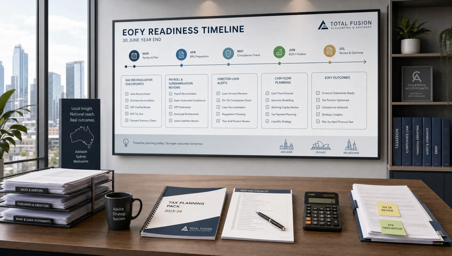 A modern accounting workspace shows an EOFY readiness timeline, BAS checks, payroll reviews and cash flow planning around organised tax documents.