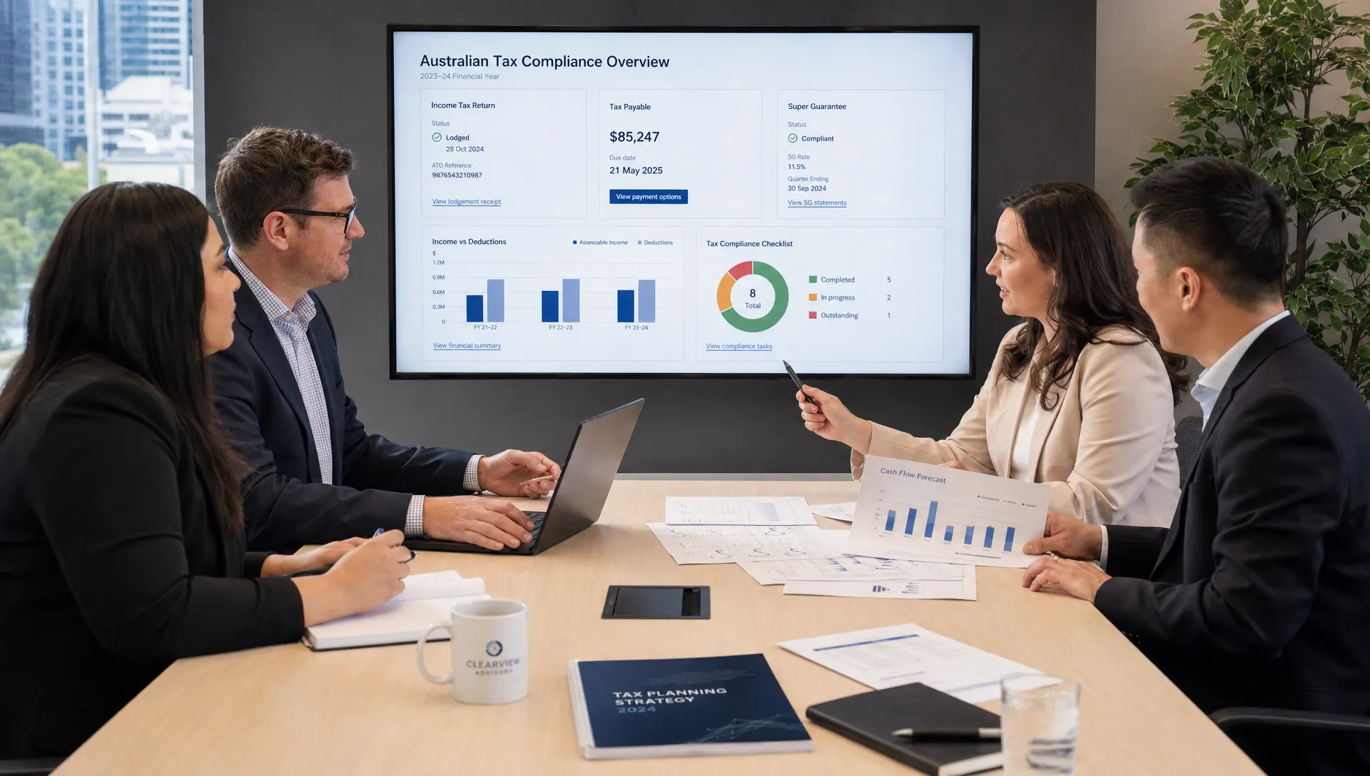 A professional accounting team reviewing Australian tax compliance documents, digital dashboards and cash flow reports in a modern advisory room with a screen facing the camera.