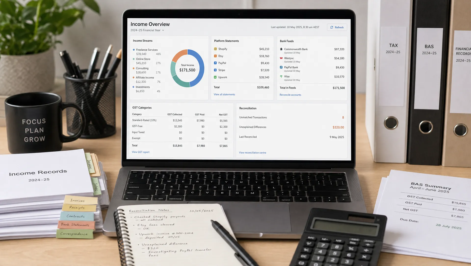 A professional accounting workspace with a laptop showing a dashboard of multiple income streams, platform statements, bank feeds, GST categories, and reconciliation notes, with the screen facing the viewer and paper records neatly arranged beside it.