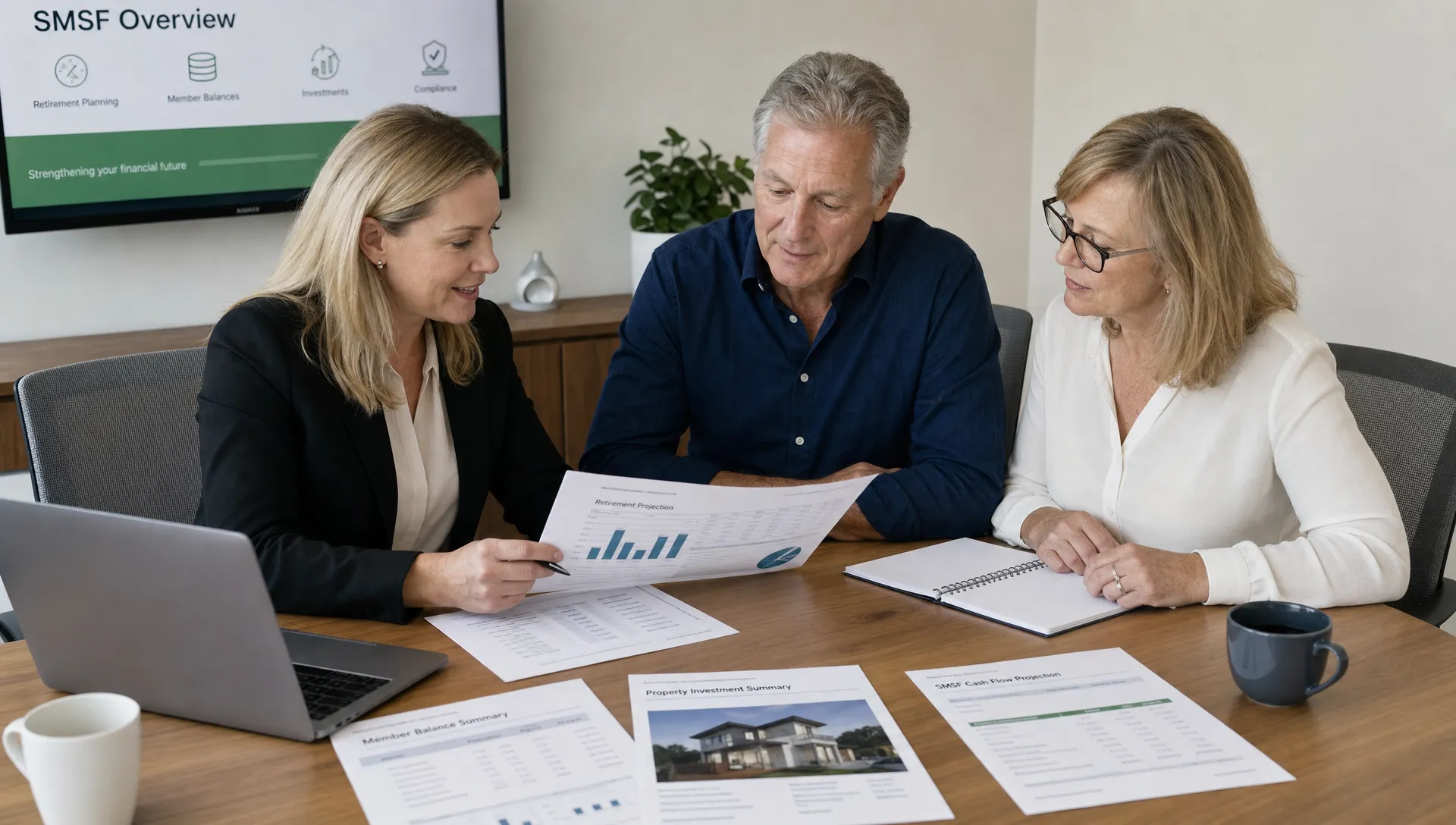 A professional advisory meeting showing SMSF trustees reviewing retirement planning documents, member balance summaries and property investment records in a quiet boardroom with a laptop and printed reports spread across the table.