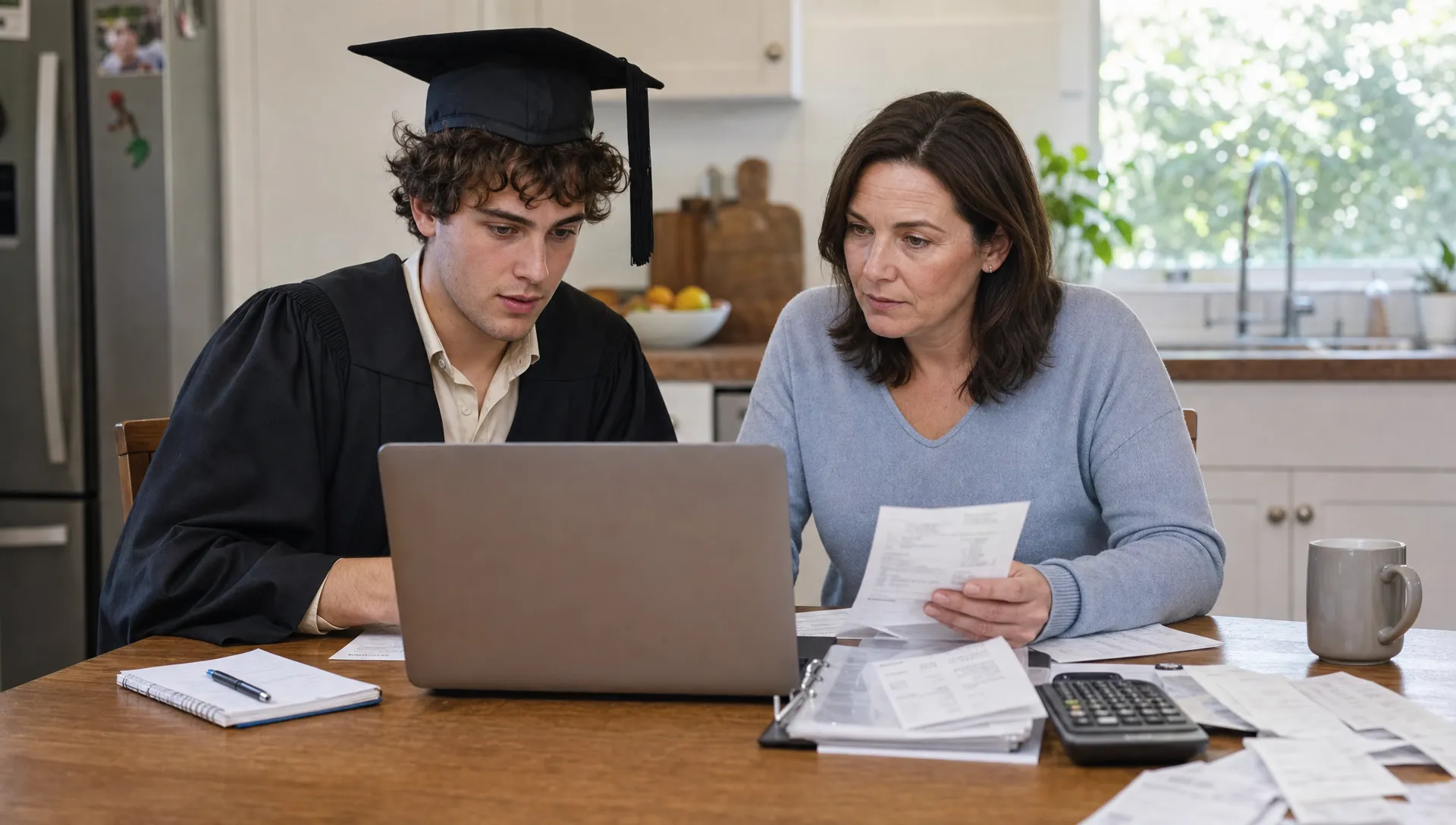 A recent graduate and a parent review organised digital tax records at a kitchen table with receipts, a calculator and a laptop facing them with nothing displayed behind it.