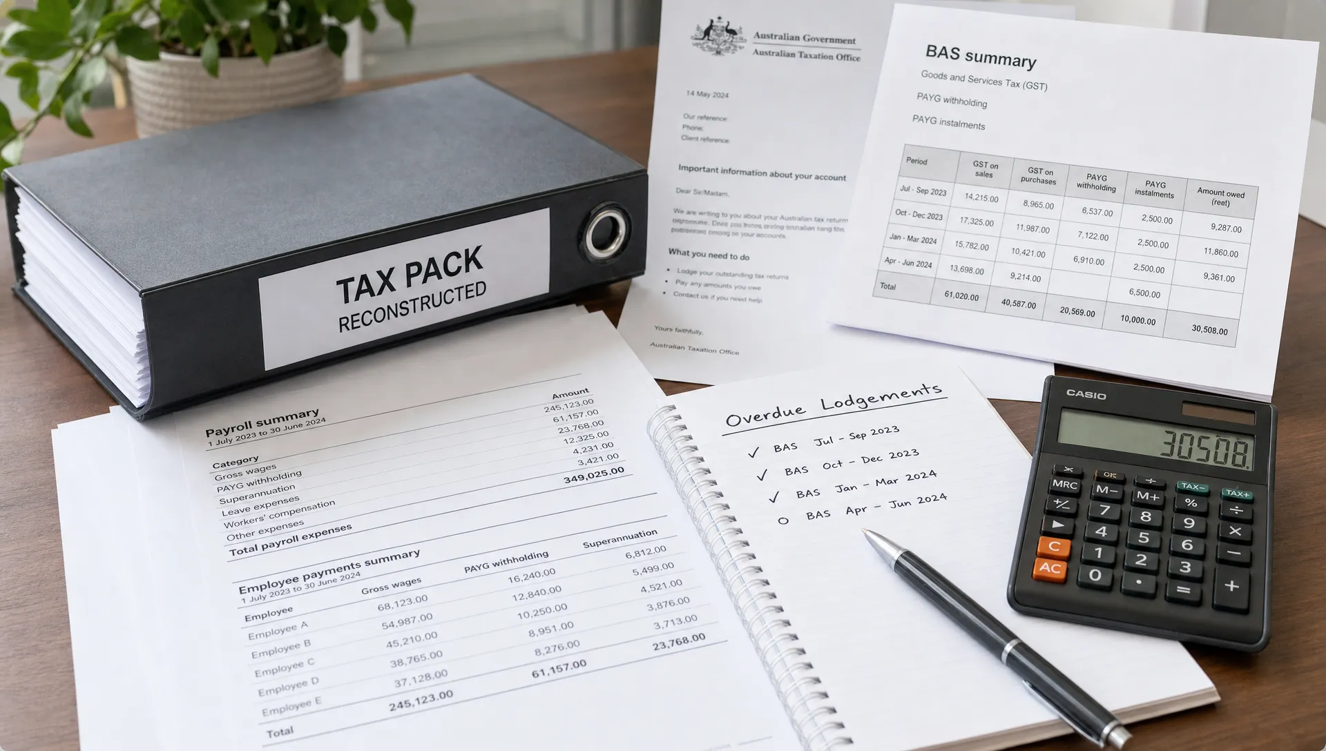 A reconstructed tax pack sits beside ATO correspondence, BAS summaries, payroll reports and a calculator for overdue lodgements.