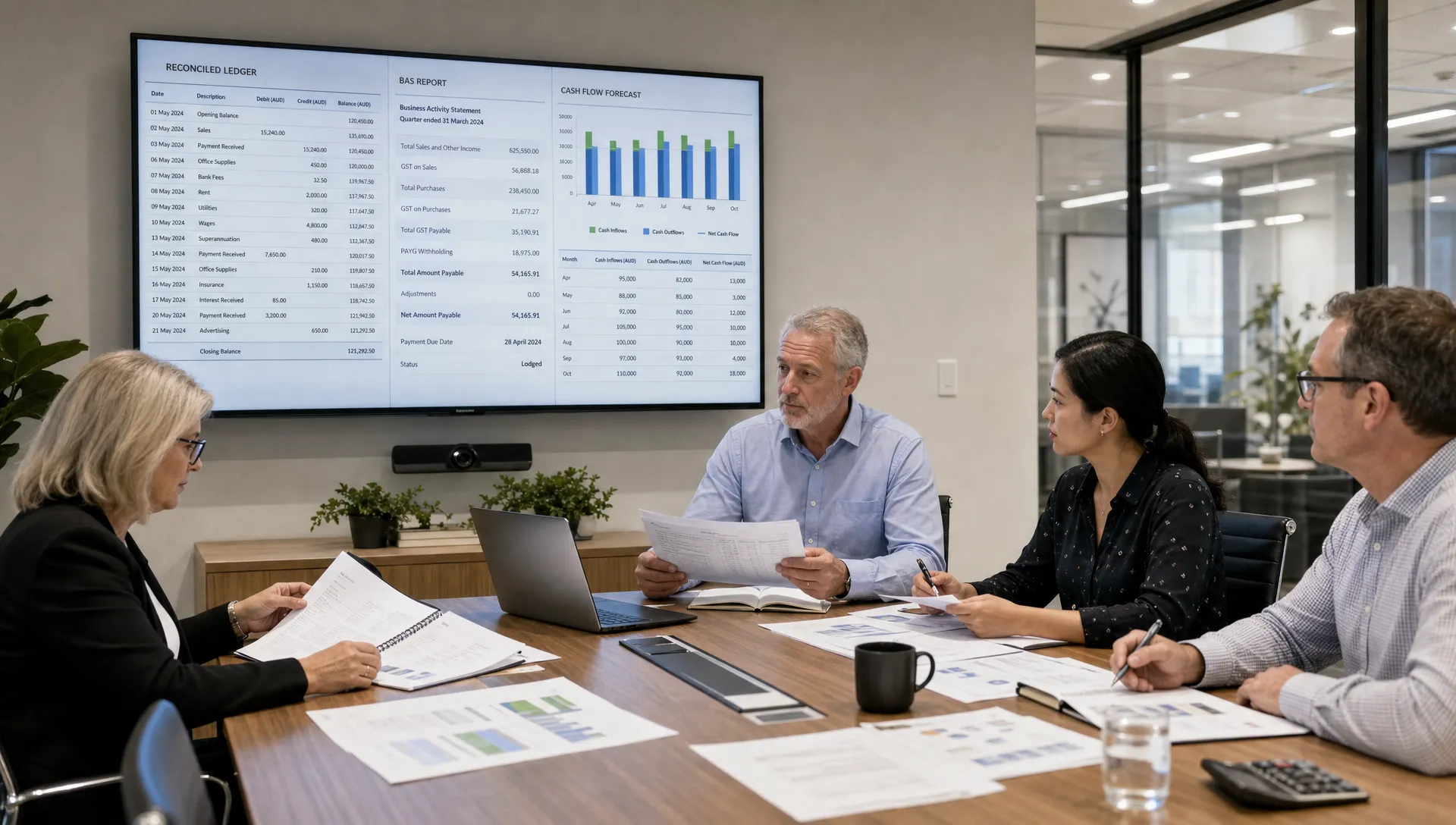 A senior accounting team reviews reconciled ledgers, BAS reports and cash flow forecasts in a modern meeting room.