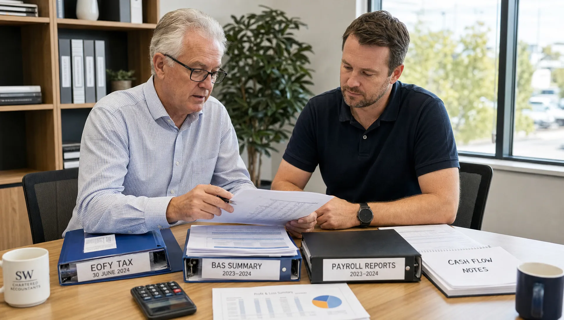 A senior Australian accountant and a business owner review EOFY tax folders, BAS summaries, payroll reports and cash flow notes at a meeting table.