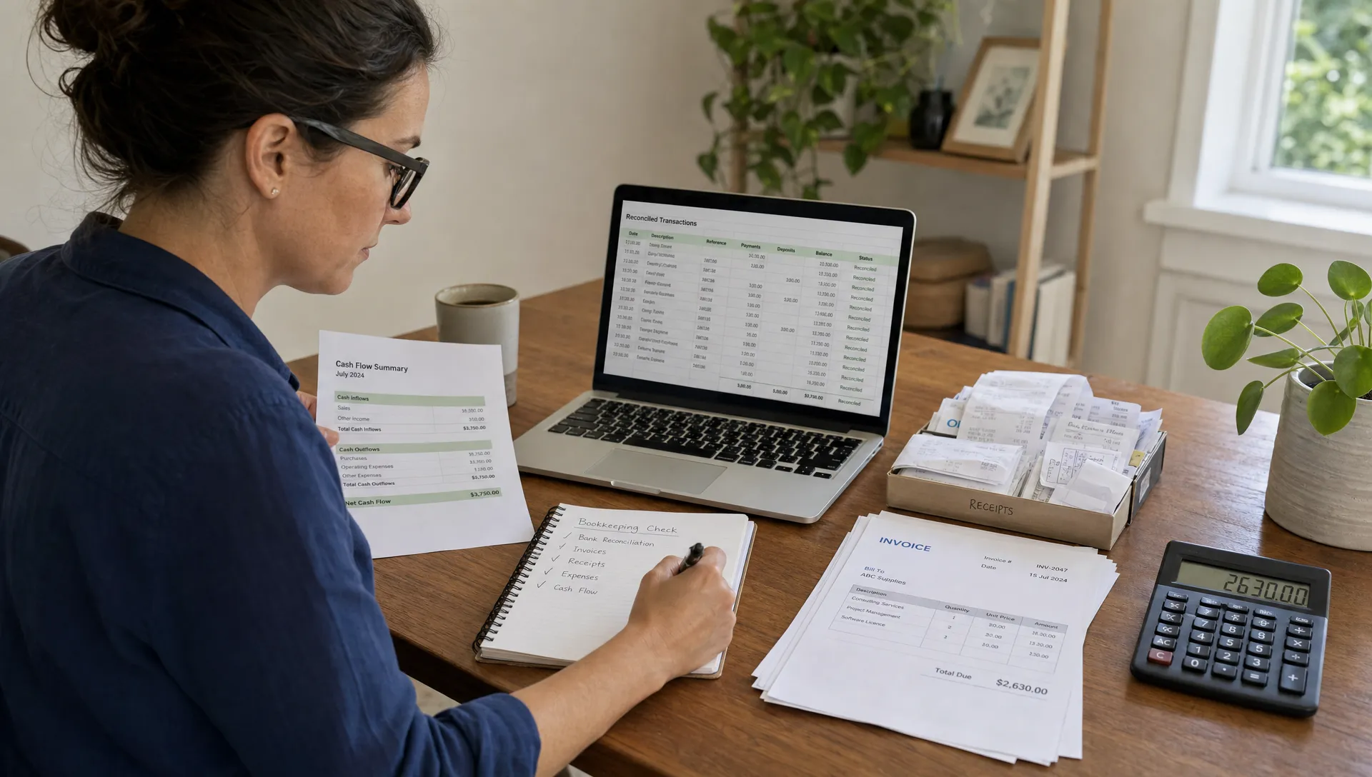A sole trader reviews reconciled records beside receipts, invoices and a cash flow summary during a bookkeeping check.