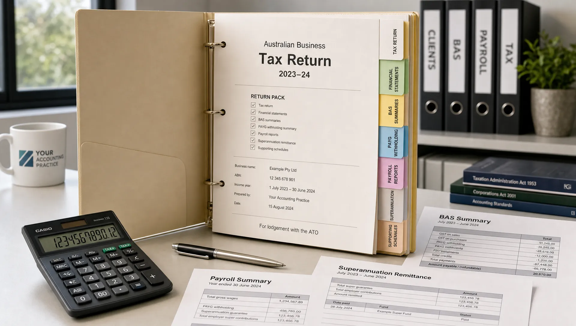 a-tabbed-australian-business-tax-file-sits-beside–b38066a5-1786923210472 A tabbed Australian business tax file sits beside BAS summaries, payroll reports, superannuation notes and a calculator.