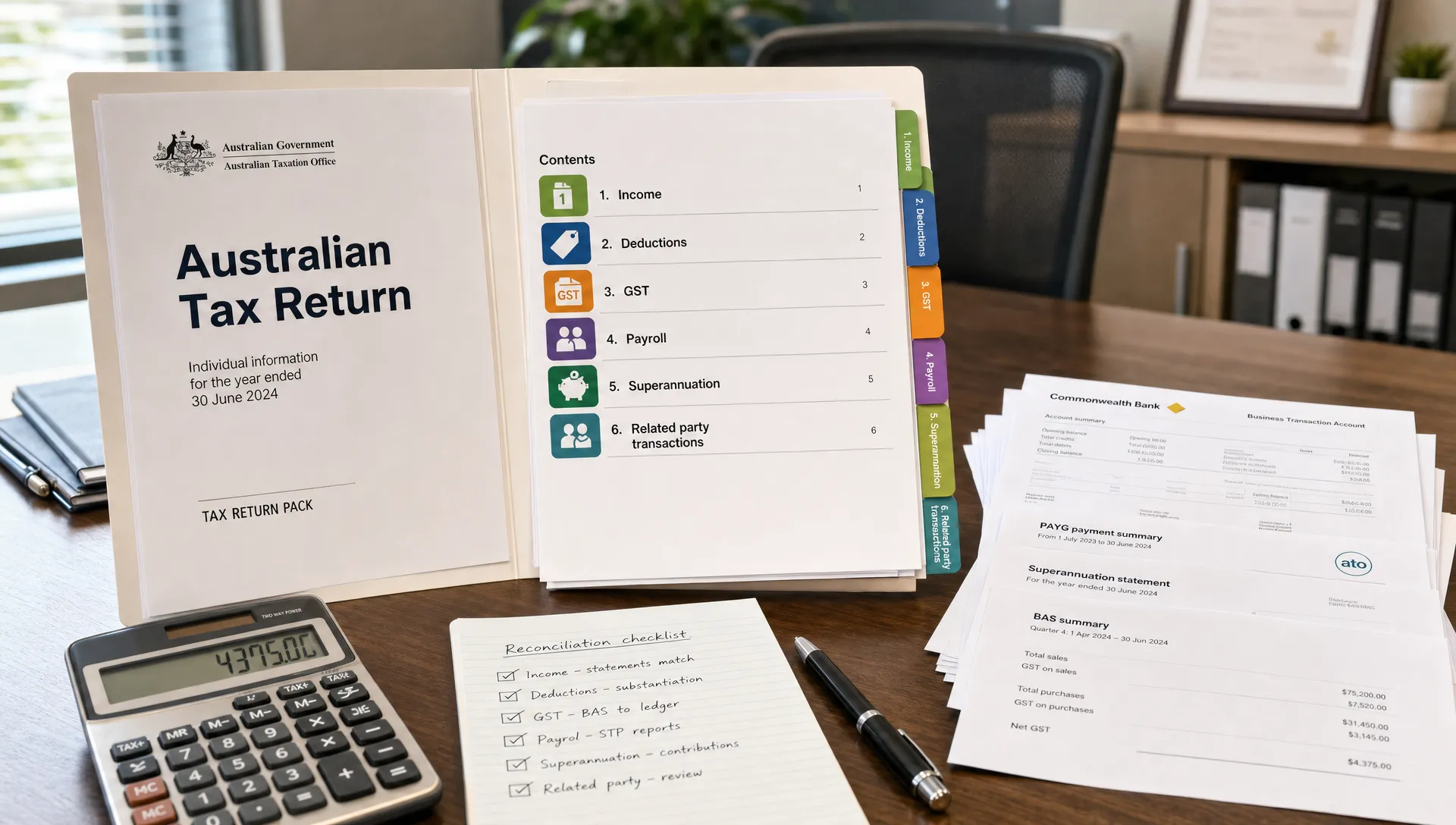 a-tabbed-tax-return-pack-with-gst-payroll-and-supe-25e61a7a-1787264443260 A tabbed tax return pack with GST, payroll and superannuation checks sits ready for pre-lodgement review.