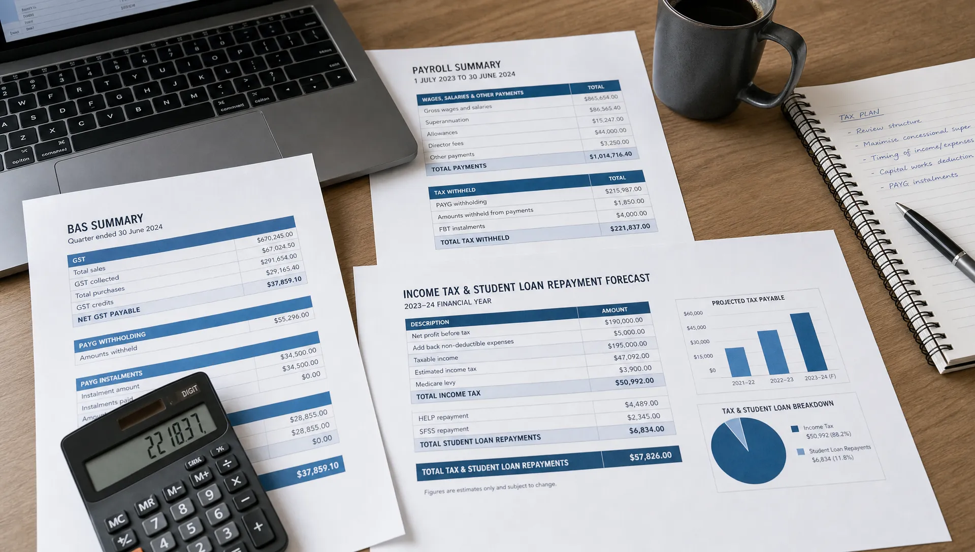A tax planning workspace shows payroll reports, BAS summaries, a calculator and a forecast for income tax and student loan repayments.