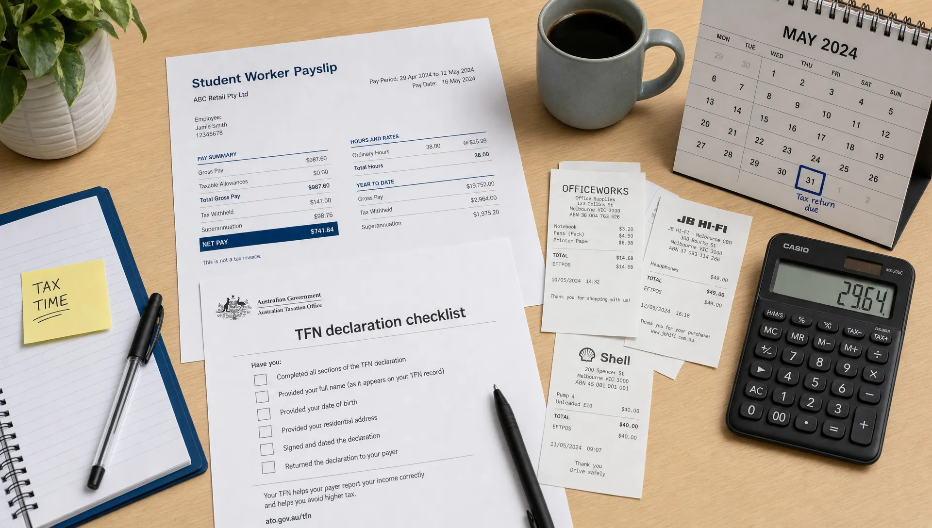 A tidy desk with an Australian student worker payslip, TFN declaration checklist, receipts, calculator, and calendar arranged for tax preparation.