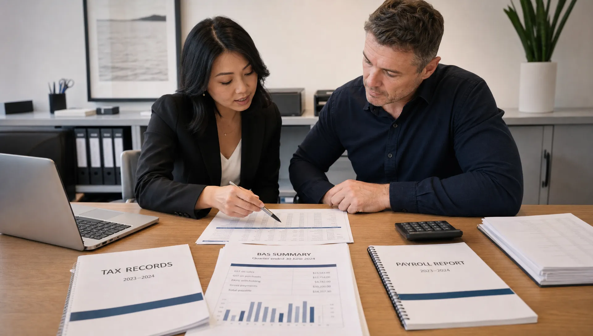 An accountant and business owner review organised tax records, BAS summaries and payroll reports at a meeting table.