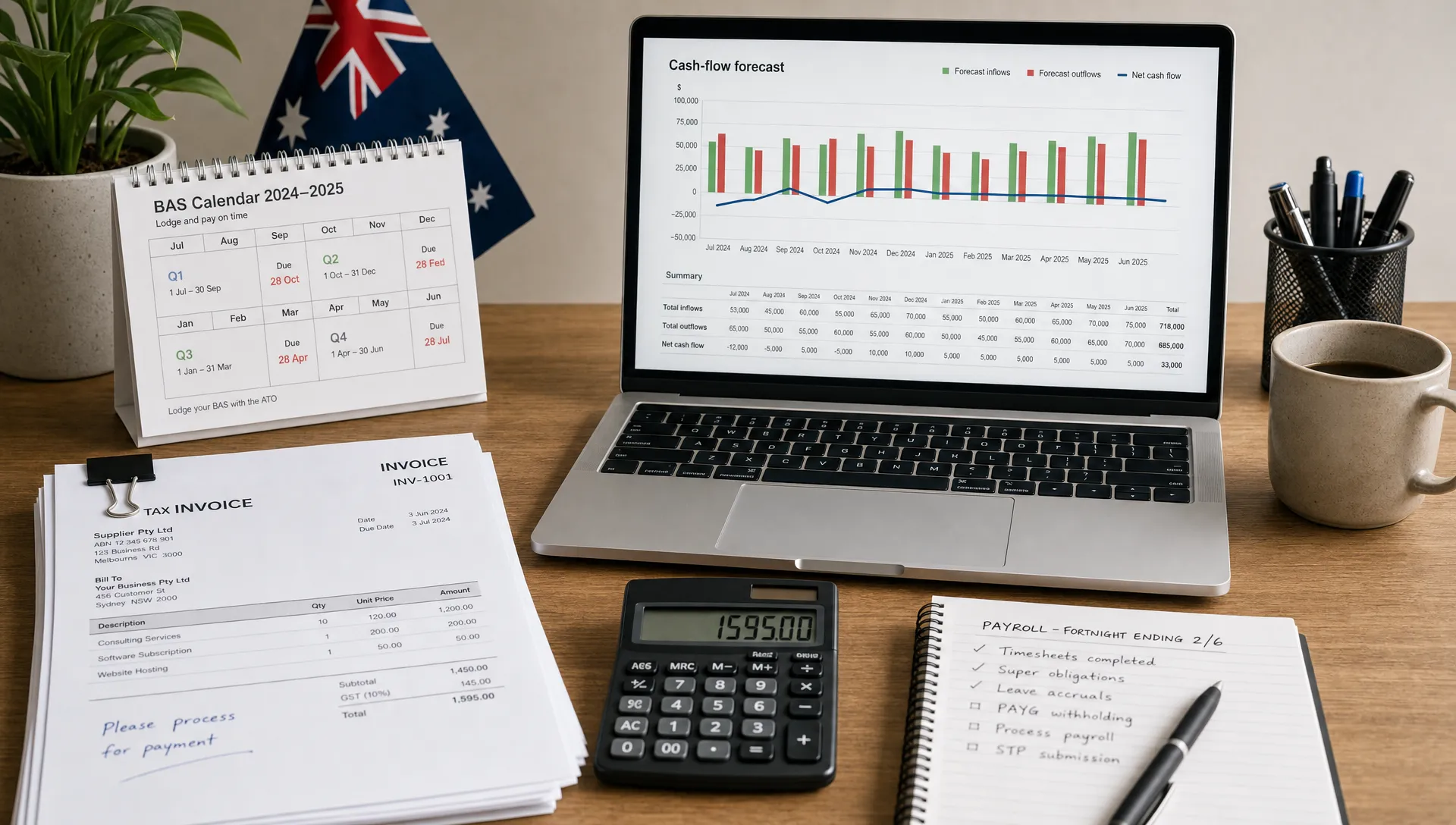 An Australian business desk shows a BAS calendar, supplier invoices, payroll notes, a calculator and a laptop with a cash-flow forecast chart.