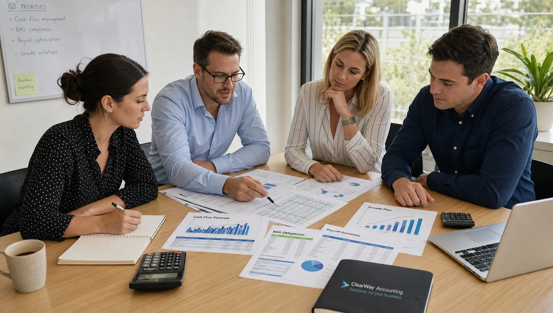 An Australian finance team reviewing cash flow forecasts, BAS obligations, payroll summaries and growth plans on a meeting table with charts, calculators and accounting documents.