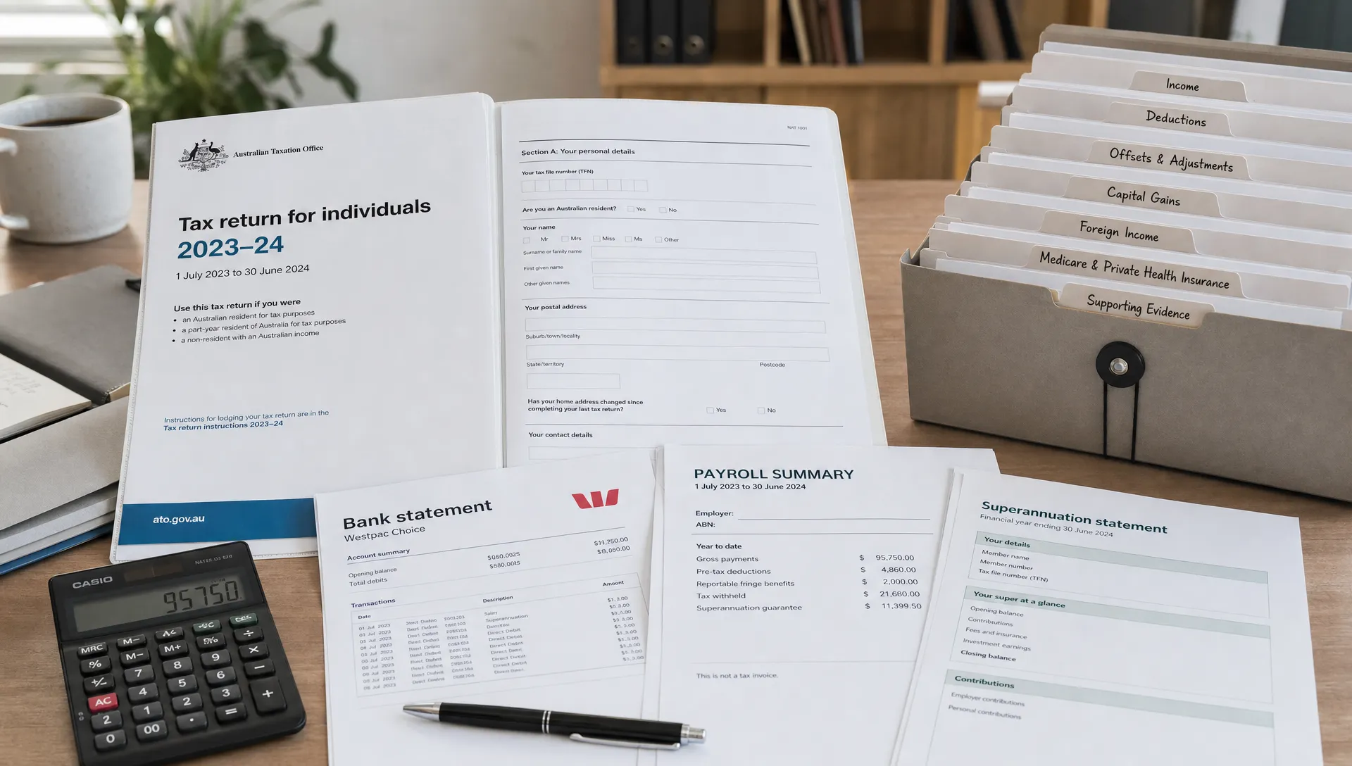 An open tax return pack sits beside a calculator, payroll reports, bank statements and superannuation records for review.