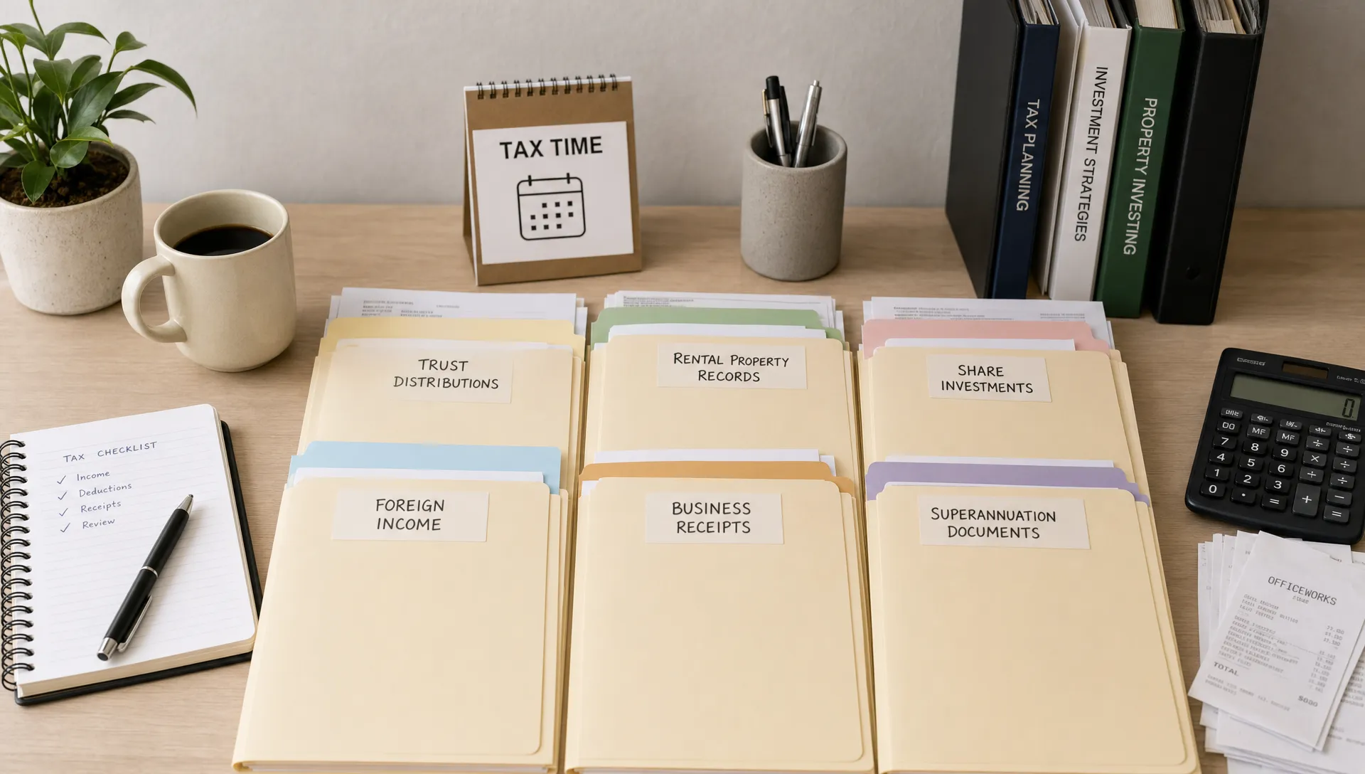 An organised tax workspace shows folders for trust distributions, rental property records, share investments, foreign income, business receipts and superannuation documents on a clean desk.