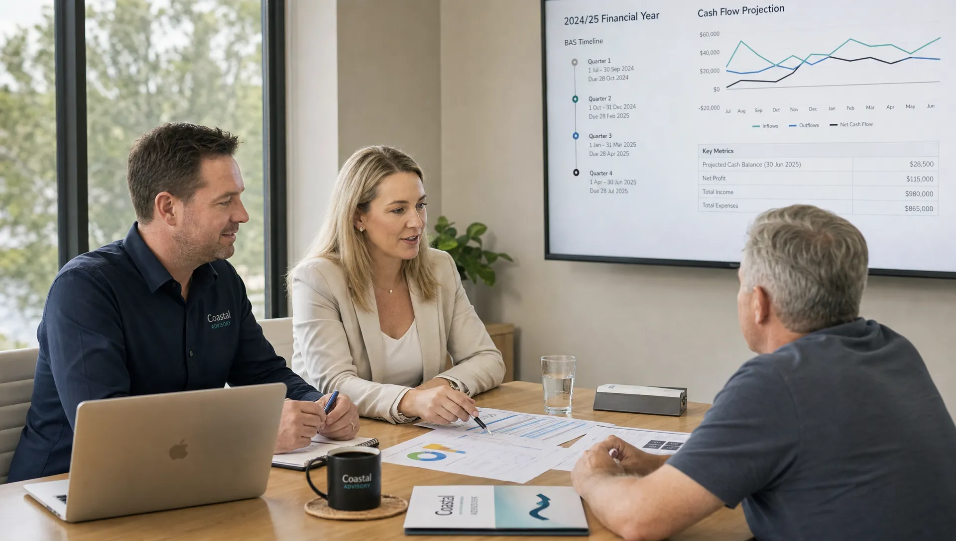 Australian business advisers review financial reports, BAS timelines and cash flow projections with a business owner in a modern meeting room.
