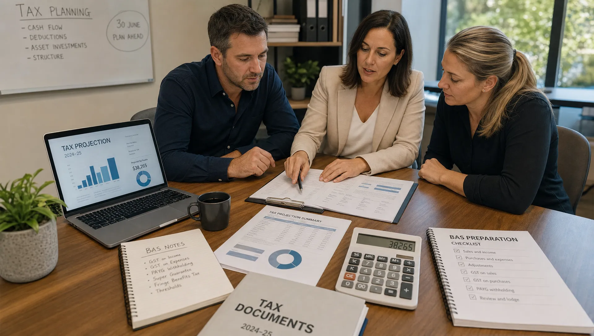 Australian business owners and advisers reviewing tax projection reports at a meeting table, with charts, BAS notes, tax documents and calculators arranged neatly to show structured planning and compliance.