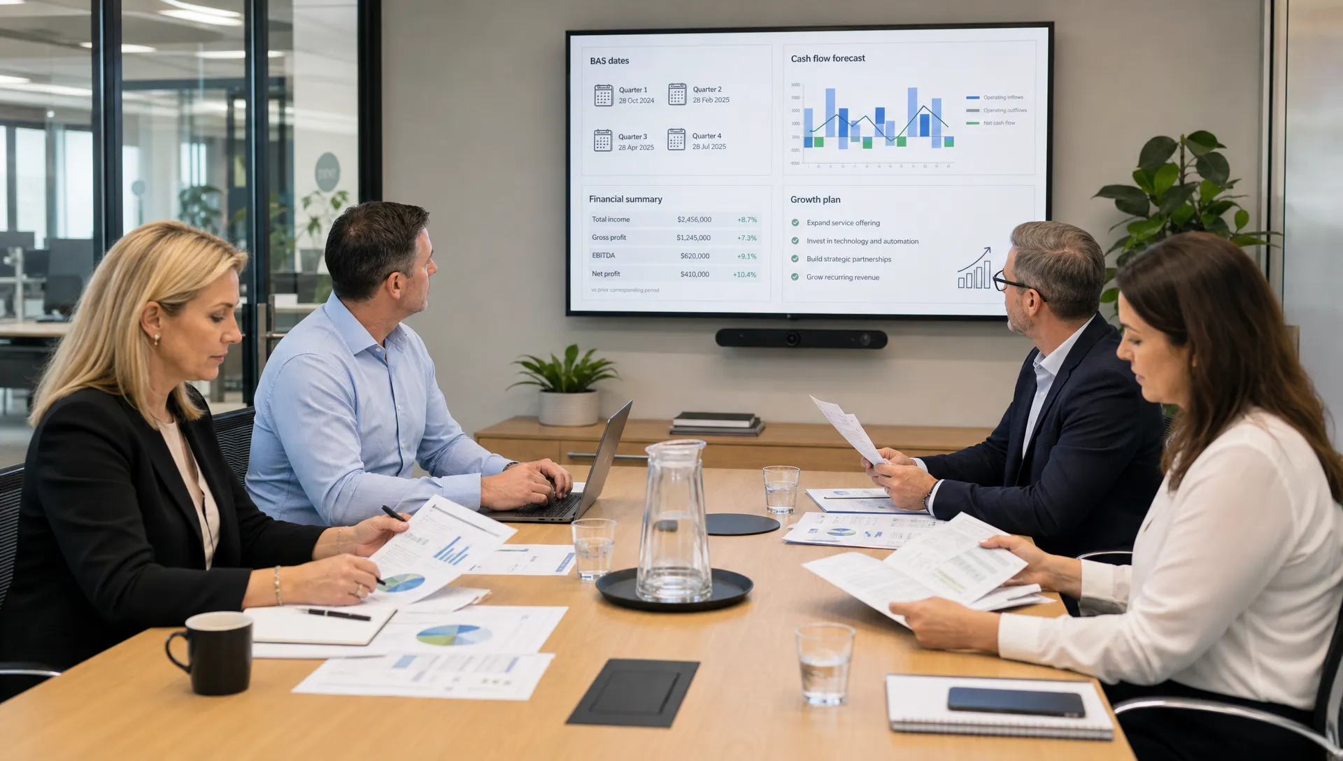 Australian company directors and tax advisers reviewing printed financial reports, BAS dates, cash flow forecasts and growth plans around a meeting table in a modern office with a wall display facing the camera.