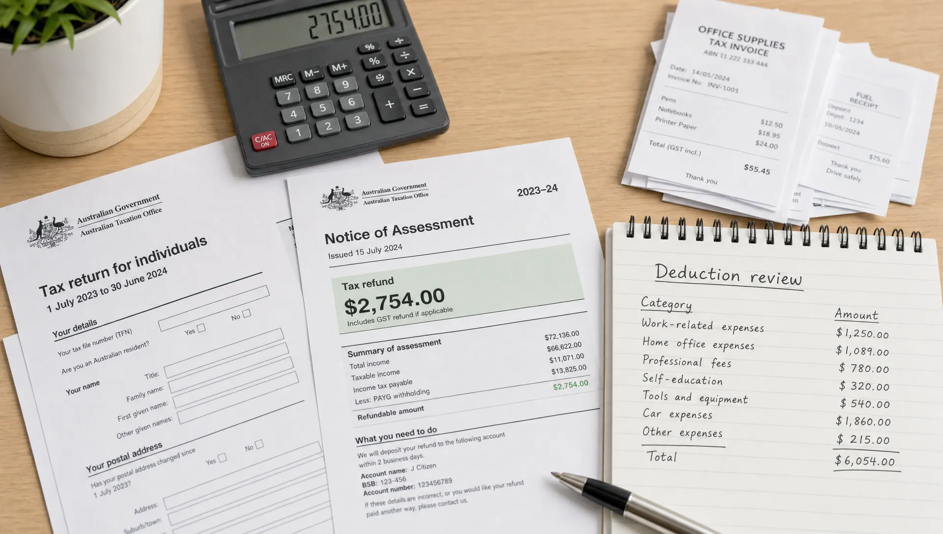 Australian tax documents, a calculator, business receipts and a financial summary on a clean office desk, showing a tax refund estimate and deduction review.
