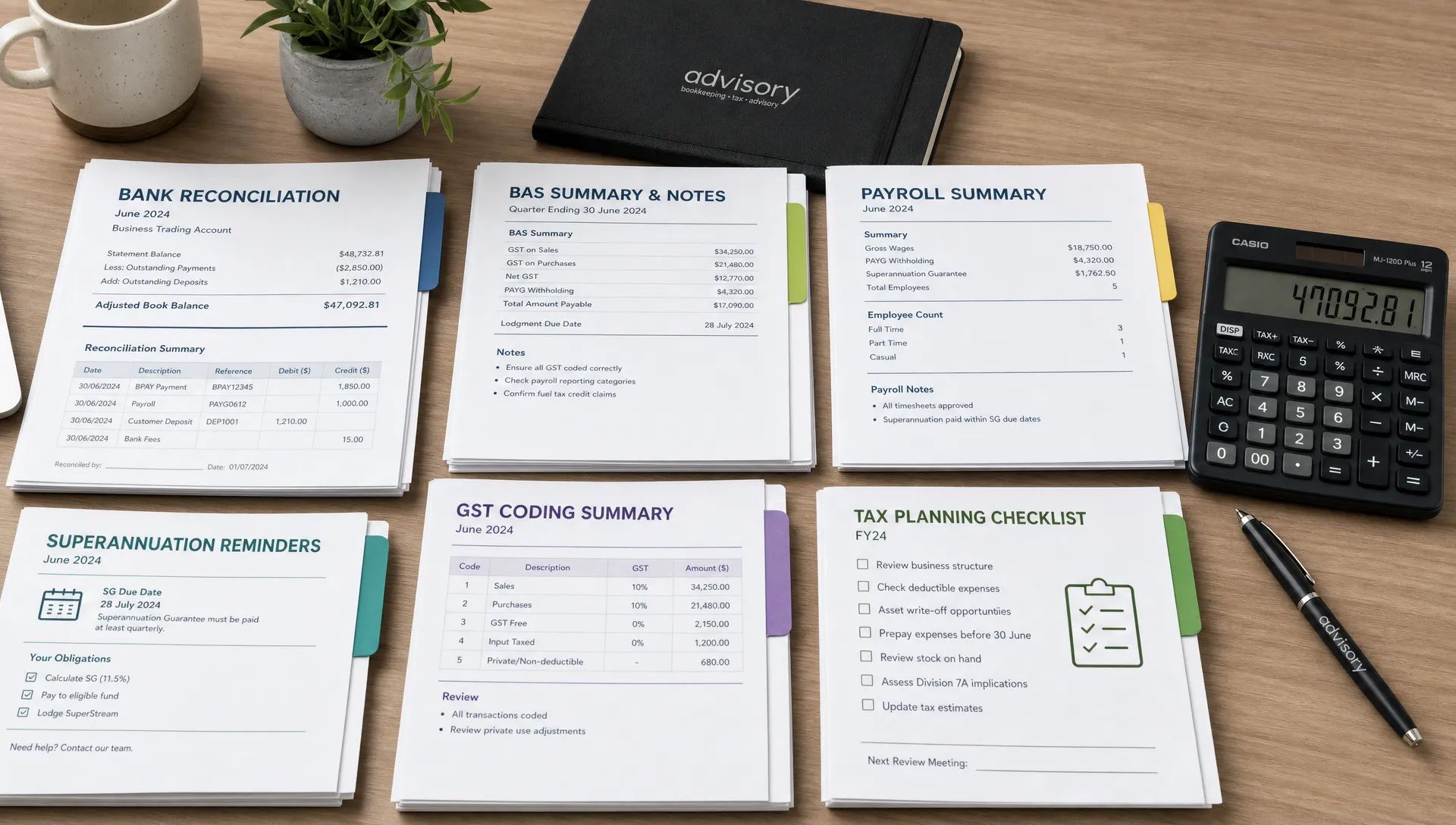 Bookkeeping packs with BAS notes, payroll summaries and tax planning checklists laid out for small business review.