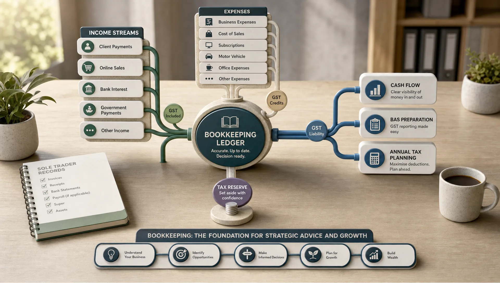 income-expenses-and-gst-markers-flow-into-a-ledger-0bc2b8c4-1787182708128 Income, expenses and GST markers flow into a ledger hub for sole trader tax planning and cash flow control.