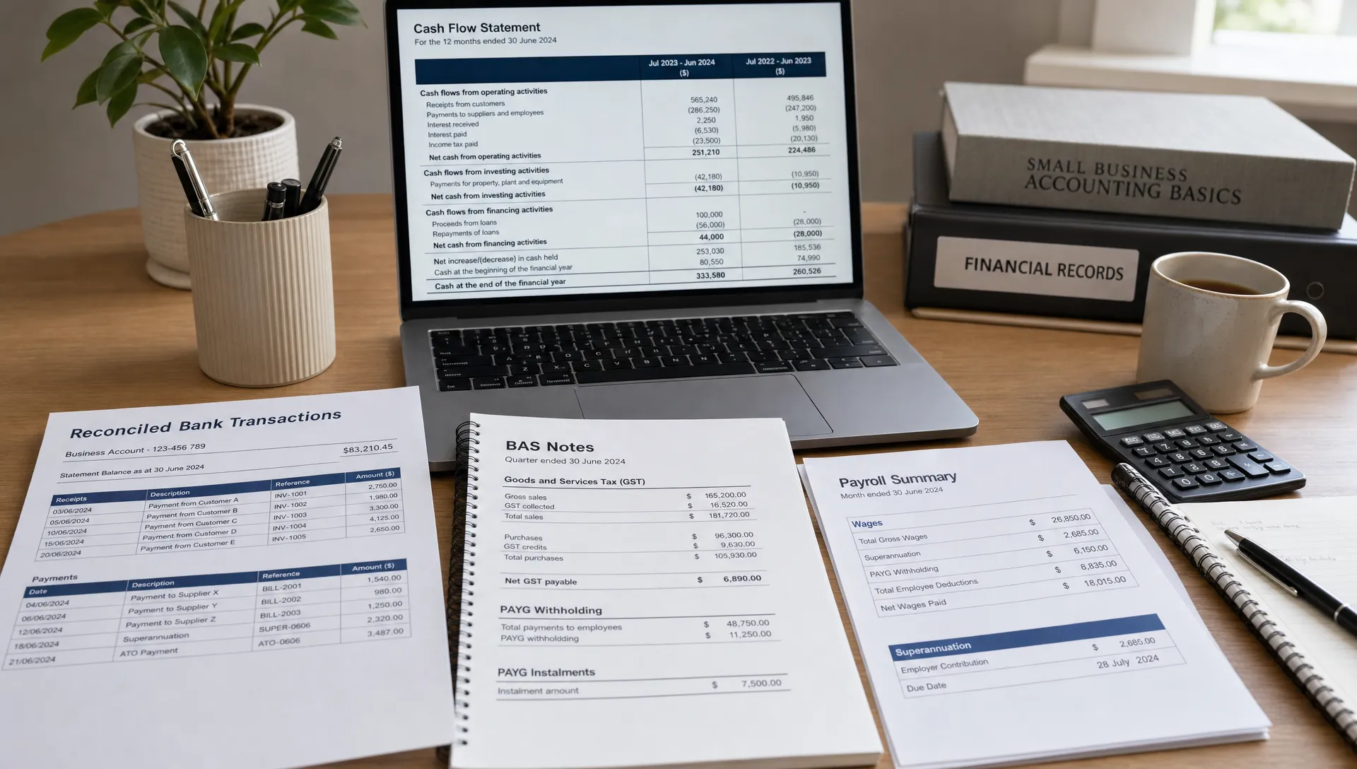 Reconciled bank transactions, BAS notes, payroll records and cash flow reports arranged beside a laptop in a small business accounting workspace.