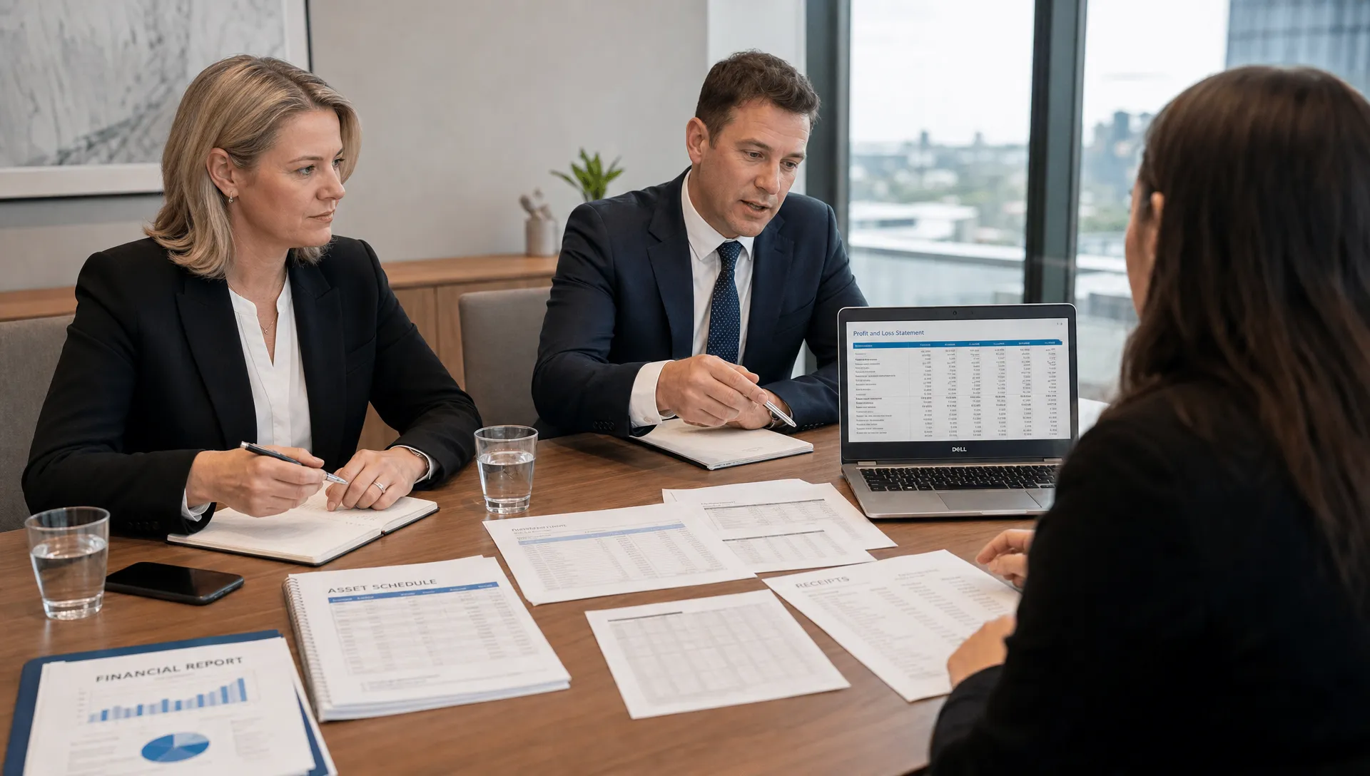 A boardroom table holds company financial reports, receipts, asset schedules and a laptop facing the advisers.