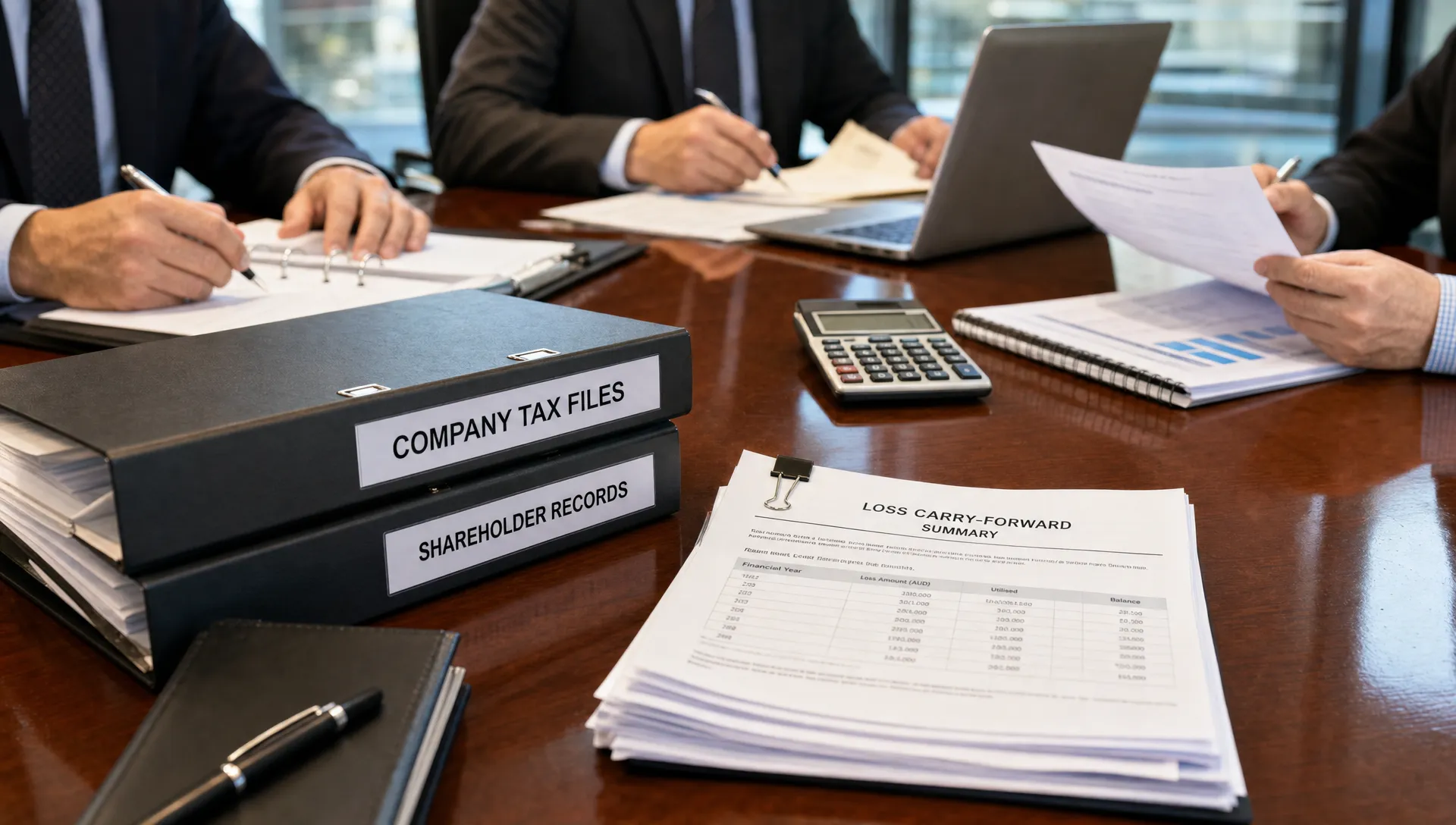 A boardroom table holds company tax files, shareholder records, a calculator and loss carry-forward papers during a review.
