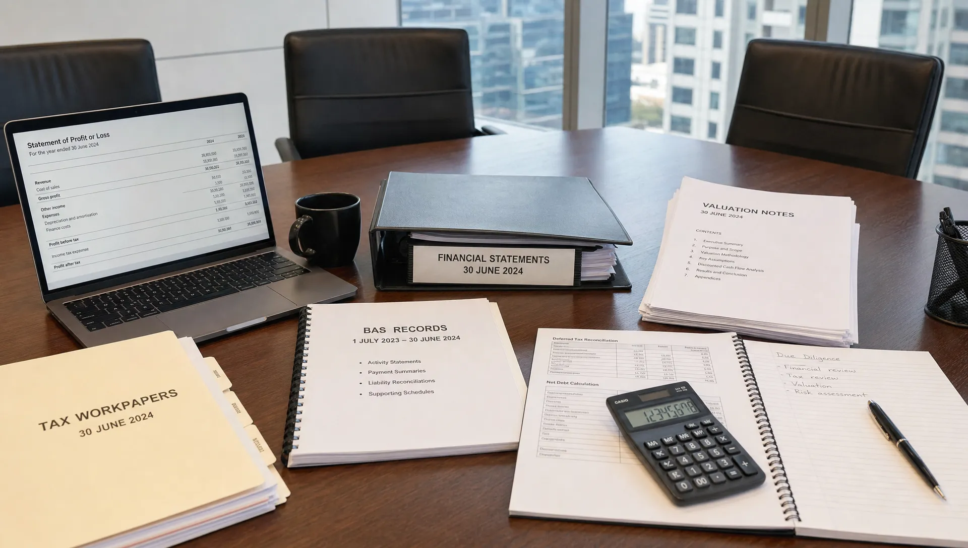 A boardroom table with financial statements, BAS records, tax workpapers and valuation notes prepared for a due diligence review.