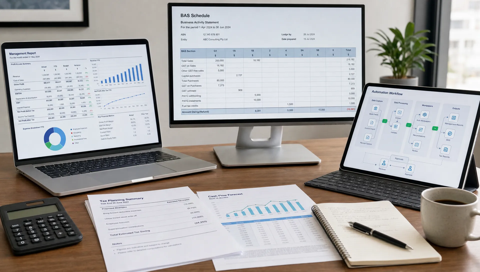 A business advisory workspace shows finance reports, BAS schedules and automation workflows on screens used for tax planning and management reporting.