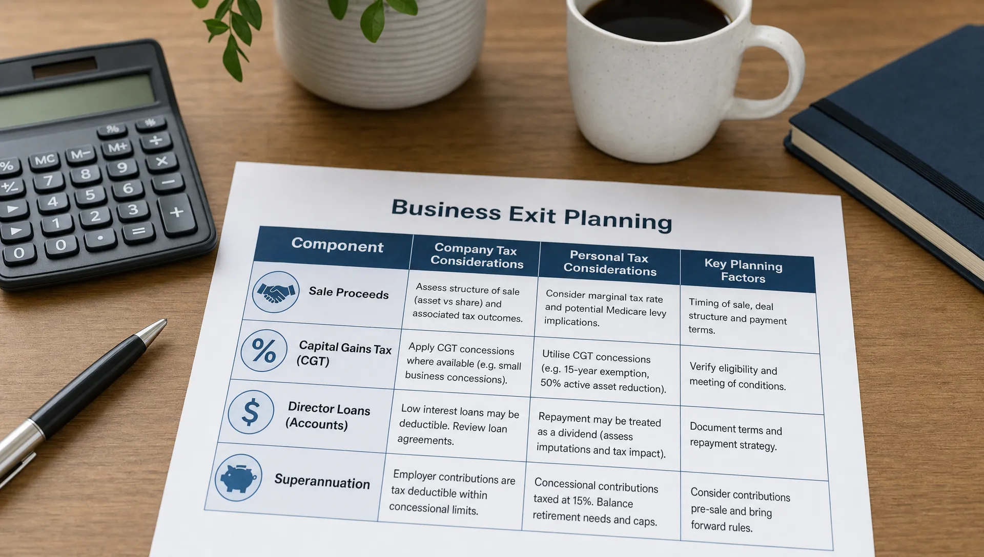 A business exit planning table shows company tax and personal tax factors beside sale proceeds, CGT, director loans and superannuation.
