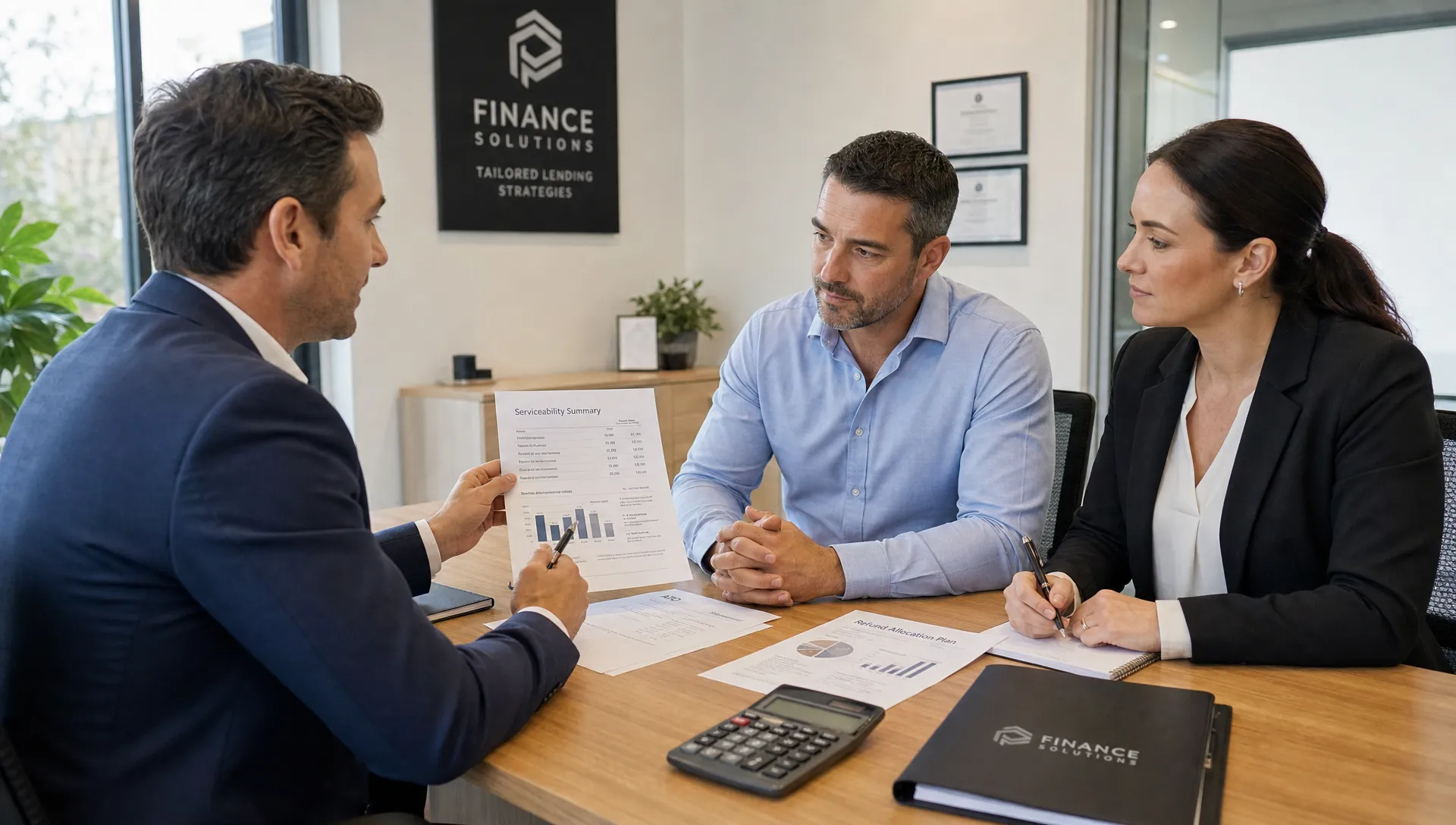 A business owner, accountant and lending adviser review ATO statements and a refund plan during a finance meeting.