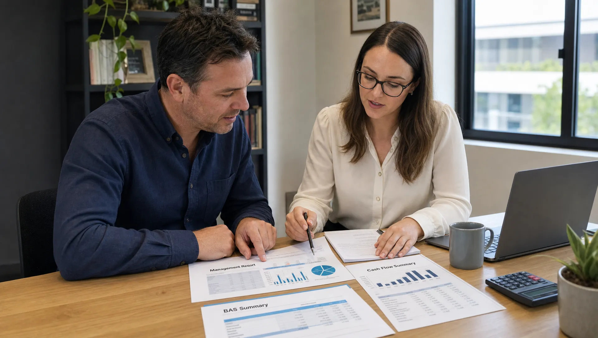 A business owner and accountant review management reports, BAS summaries and cash flow figures at a meeting table.