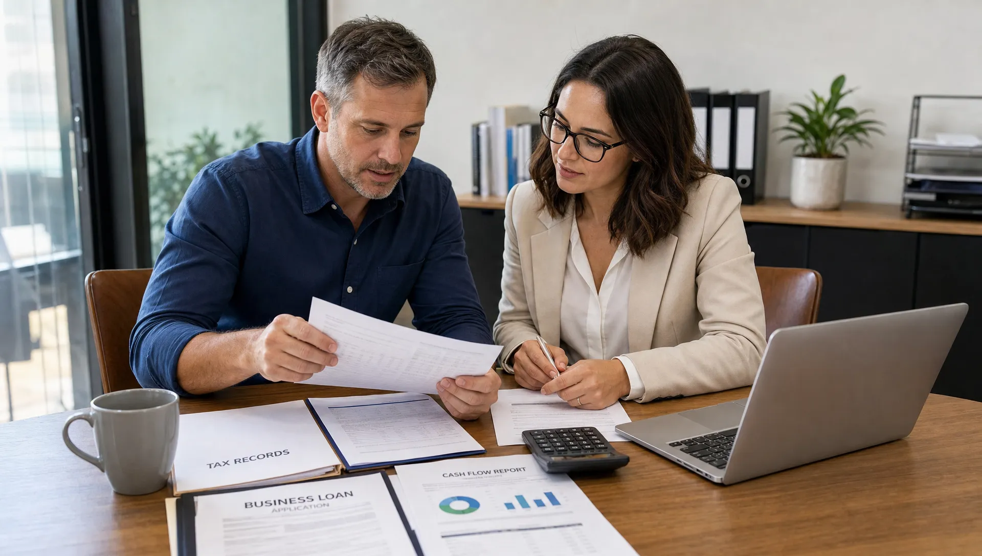 A business owner and accountant review tax records, loan papers and cash flow reports at a meeting table.