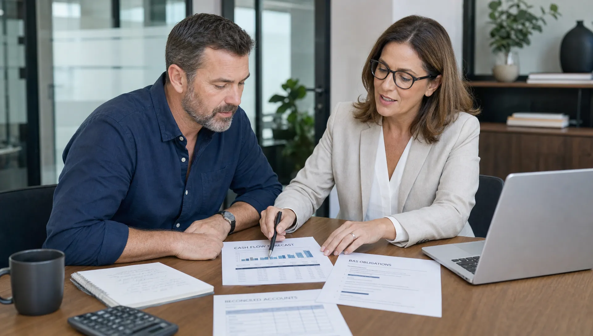 A business owner and adviser review a cash flow forecast, BAS obligations and reconciled accounts at a meeting table.