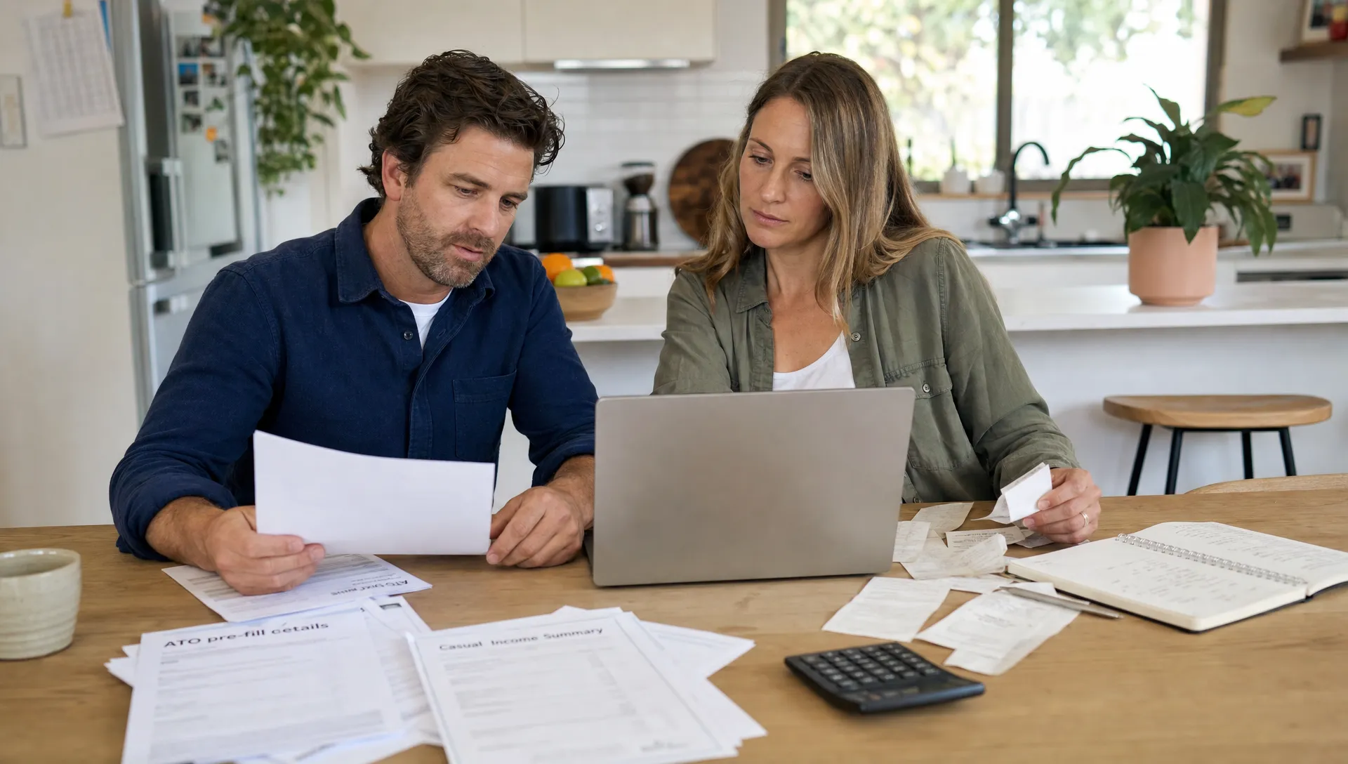 a-business-owner-and-partner-review-ato-pre-fill-d-8b9c6399-1789256047853 A business owner and partner review ATO pre-fill details and receipts at a kitchen table.