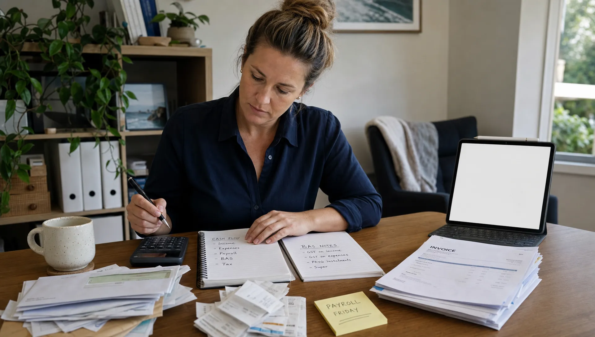 A business owner checks cash flow, BAS notes and payroll reminders in a home office.