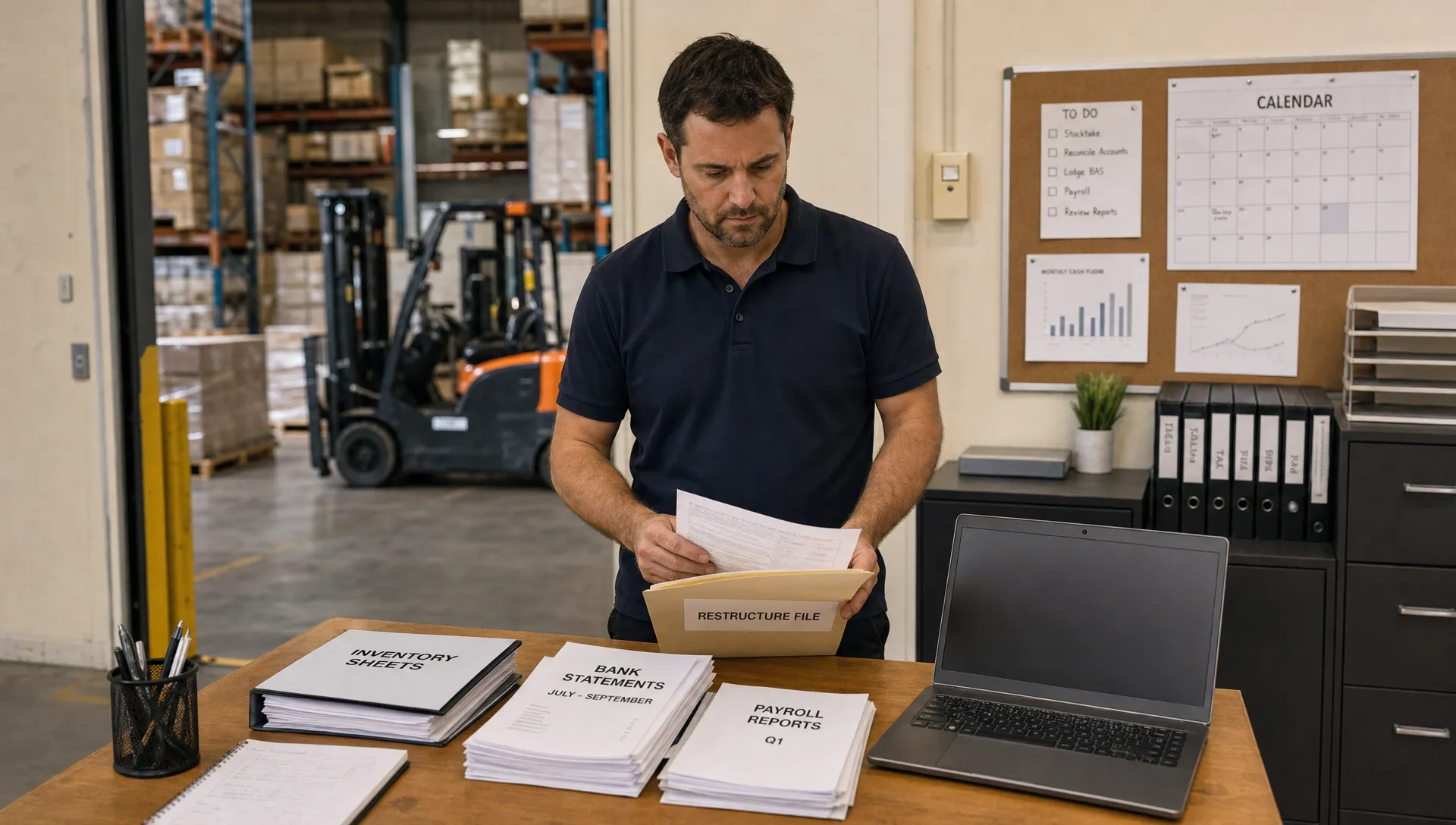 a-business-owner-reviews-restructure-files-in-a-wa-6598dcfb-1789684957878 A business owner reviews restructure files in a warehouse office beside payroll reports and inventory sheets.