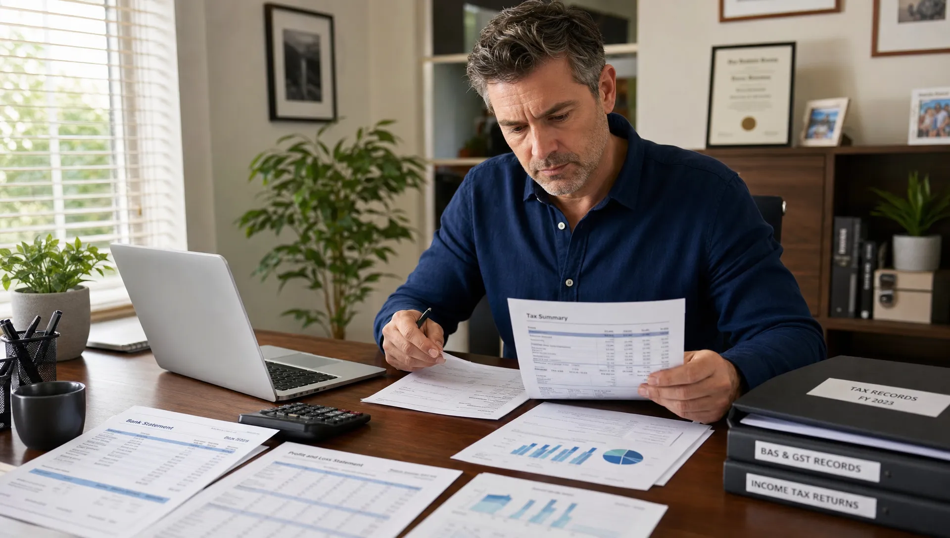 A business owner reviews tax records at a home office desk with a laptop, secure folders, bank statements and accounting reports arranged neatly.