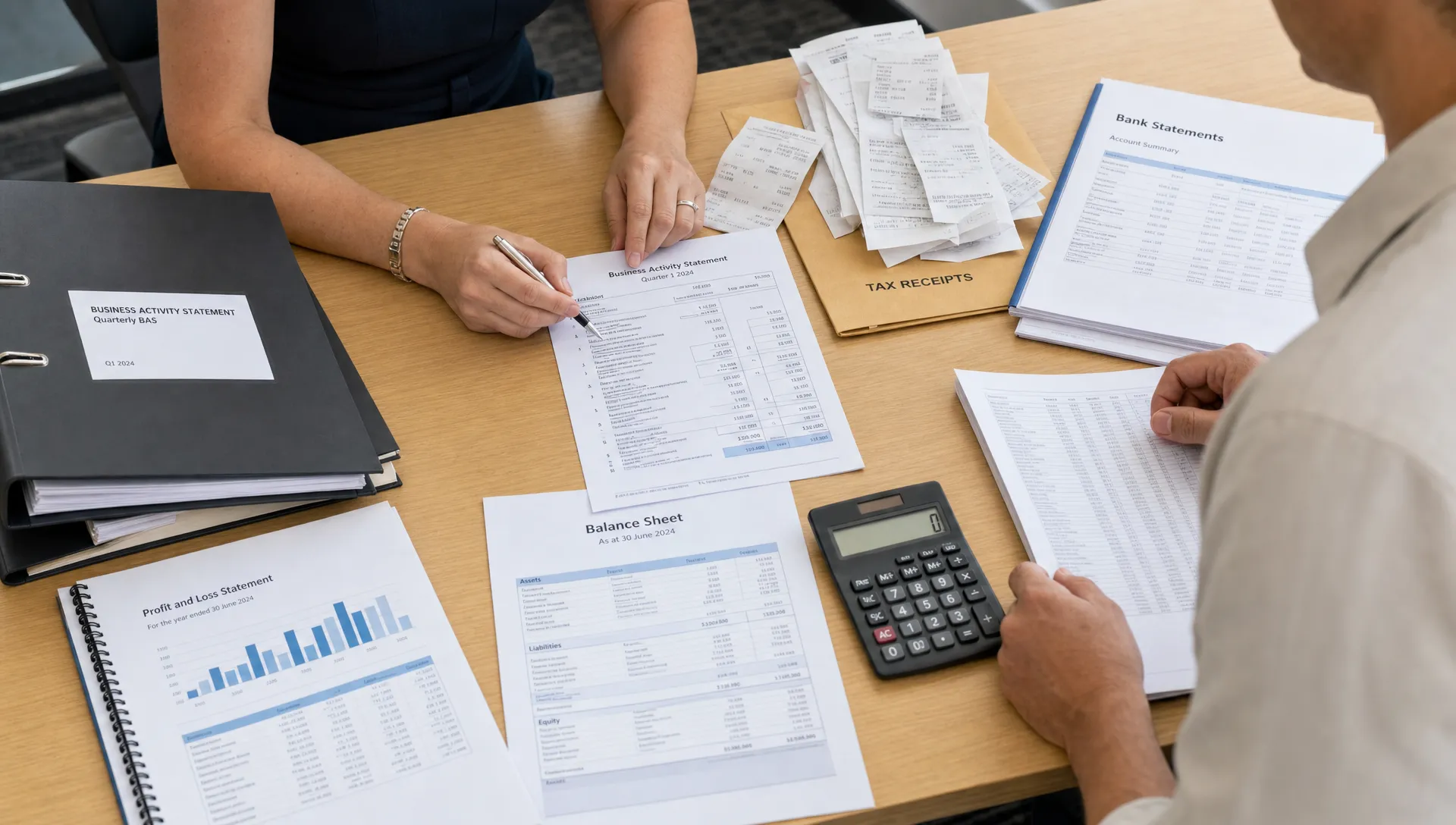 A consultation table holds folders, BAS summaries, receipts, accounting reports, bank statements and a calculator for a business tax review.