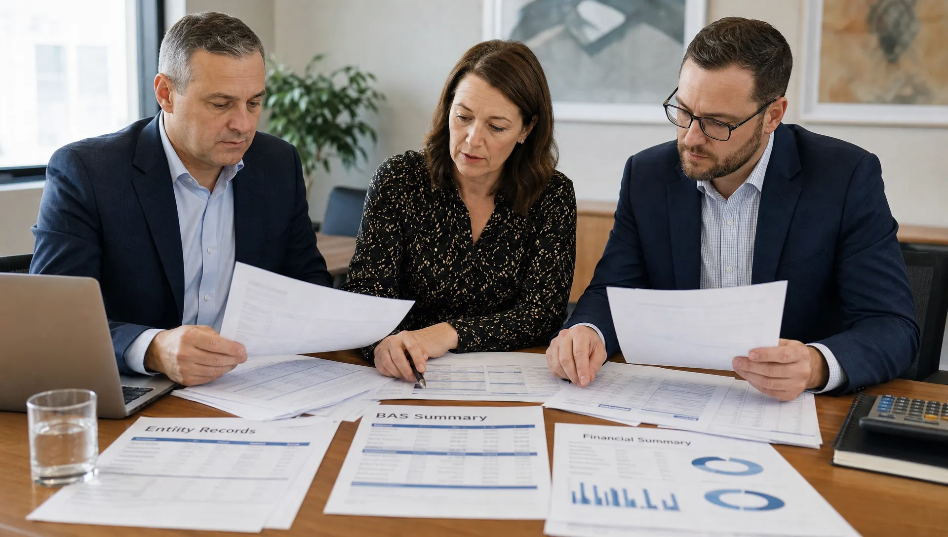 A director, adviser and accountant review restructure papers with entity records, BAS summaries and financial data spread across a meeting table.