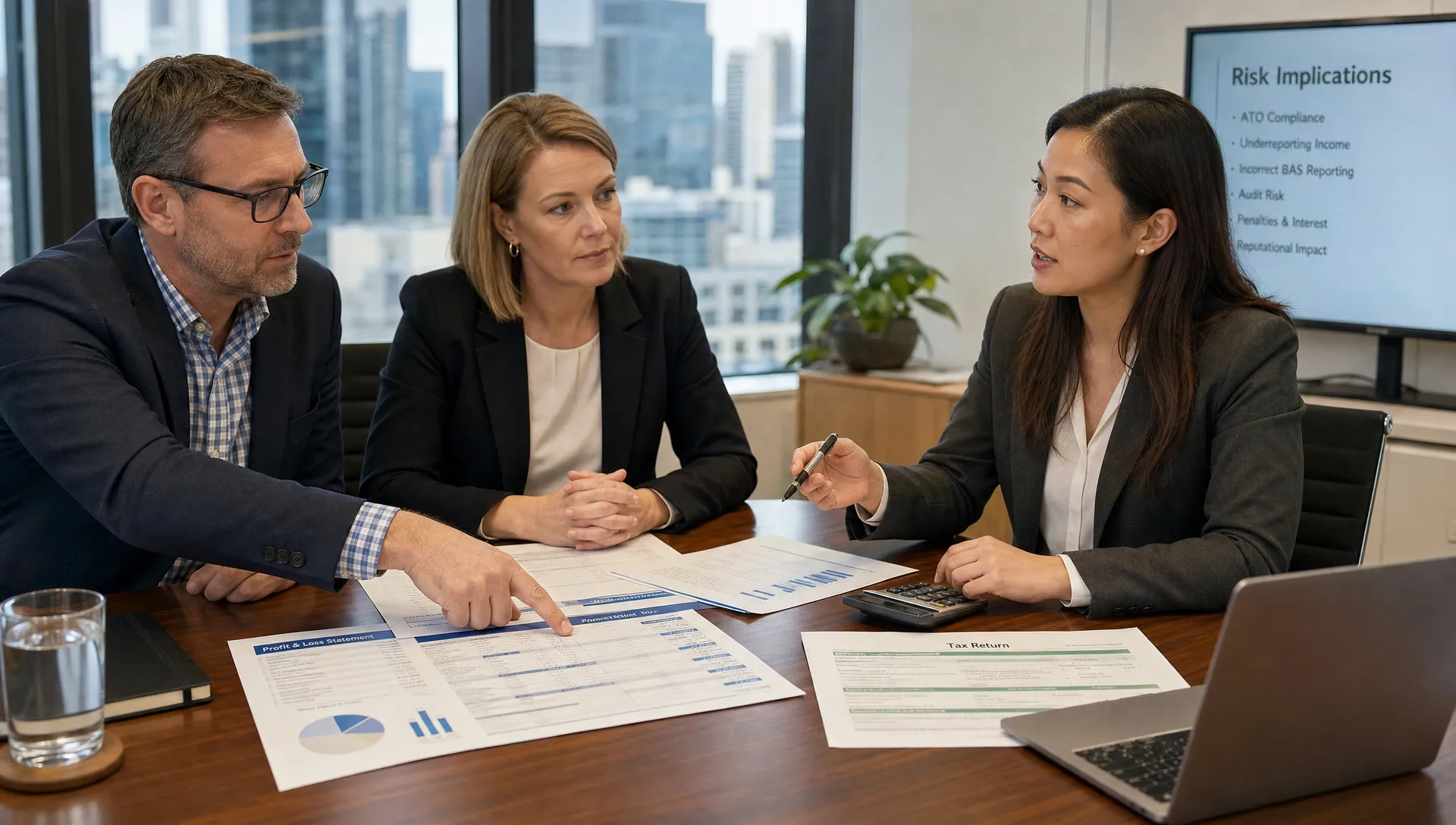 A director, investor and accountant review financial statements and BAS records in a boardroom during due diligence.